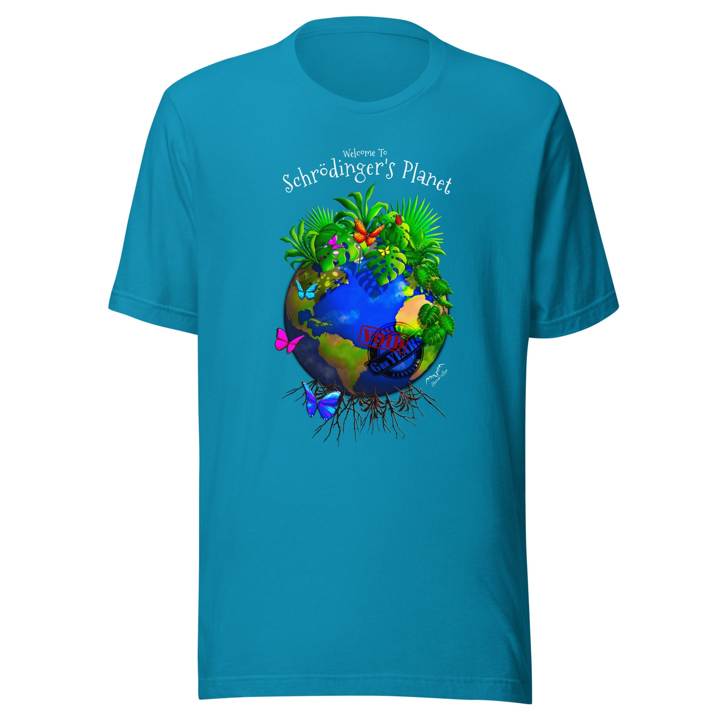 Schrodinger's Planet climate change shirt by Stormseye, bright blue