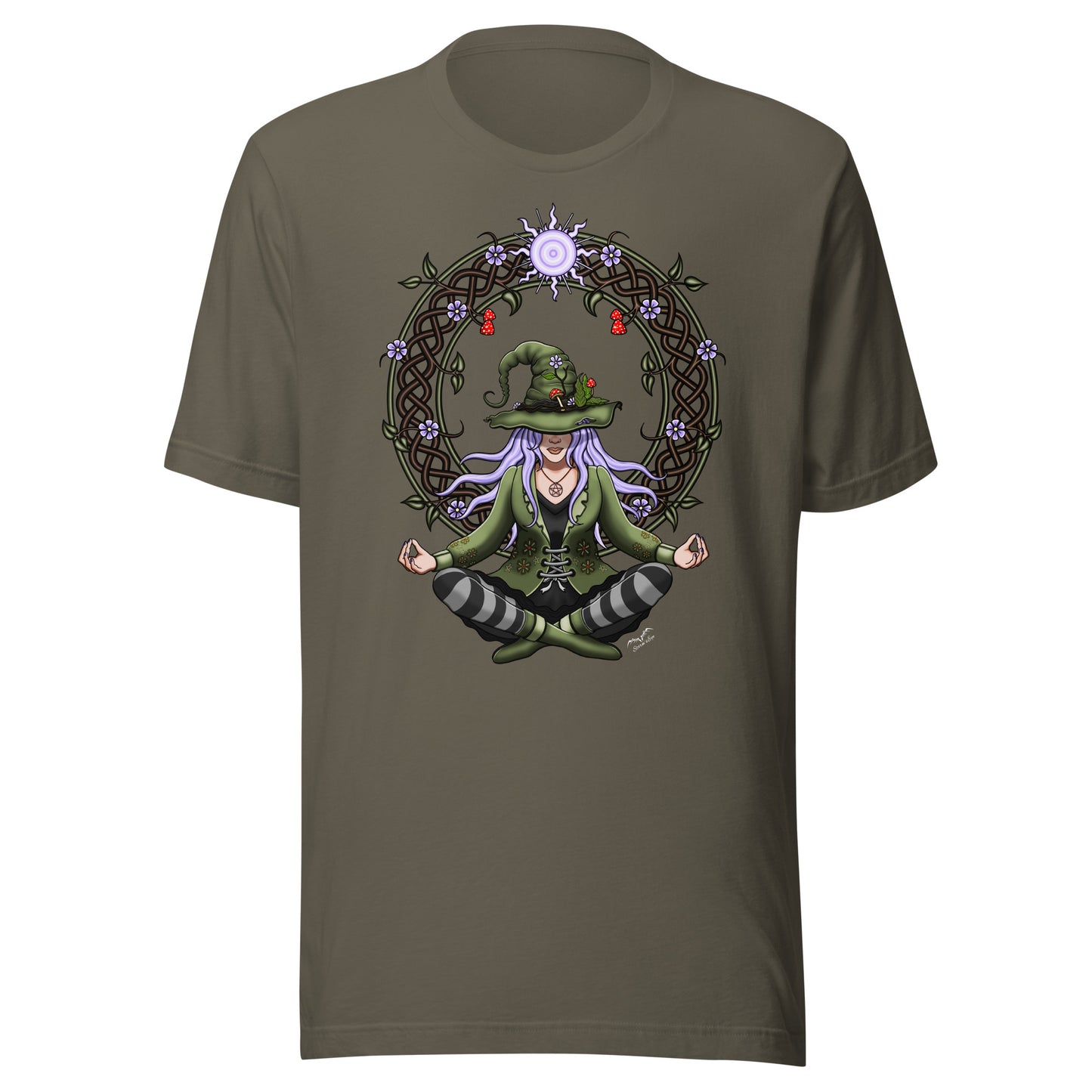 stormseye design hedge witch T shirt, flat view army green
