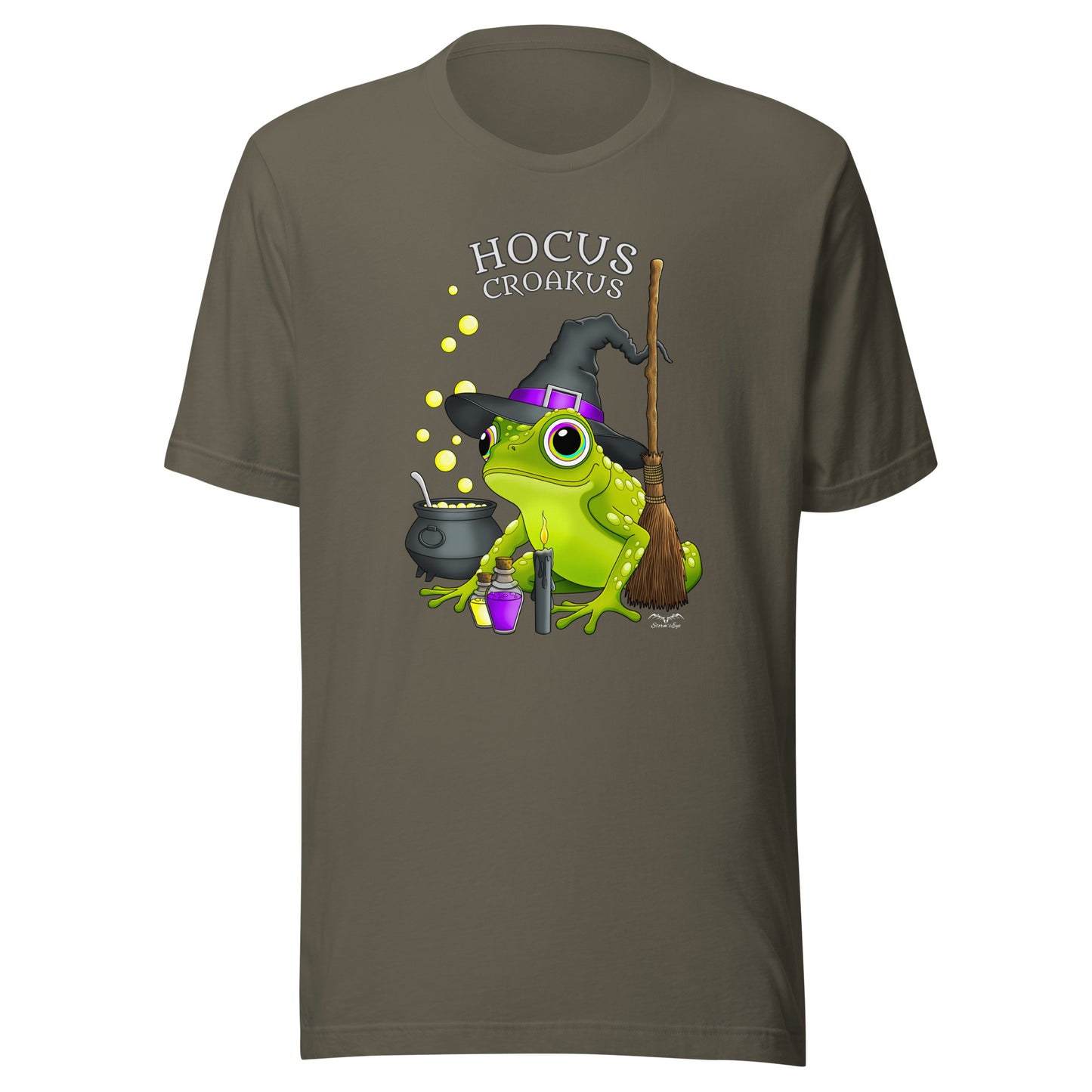 stormseye design witch frog hocus croakus T shirt, flat view army green