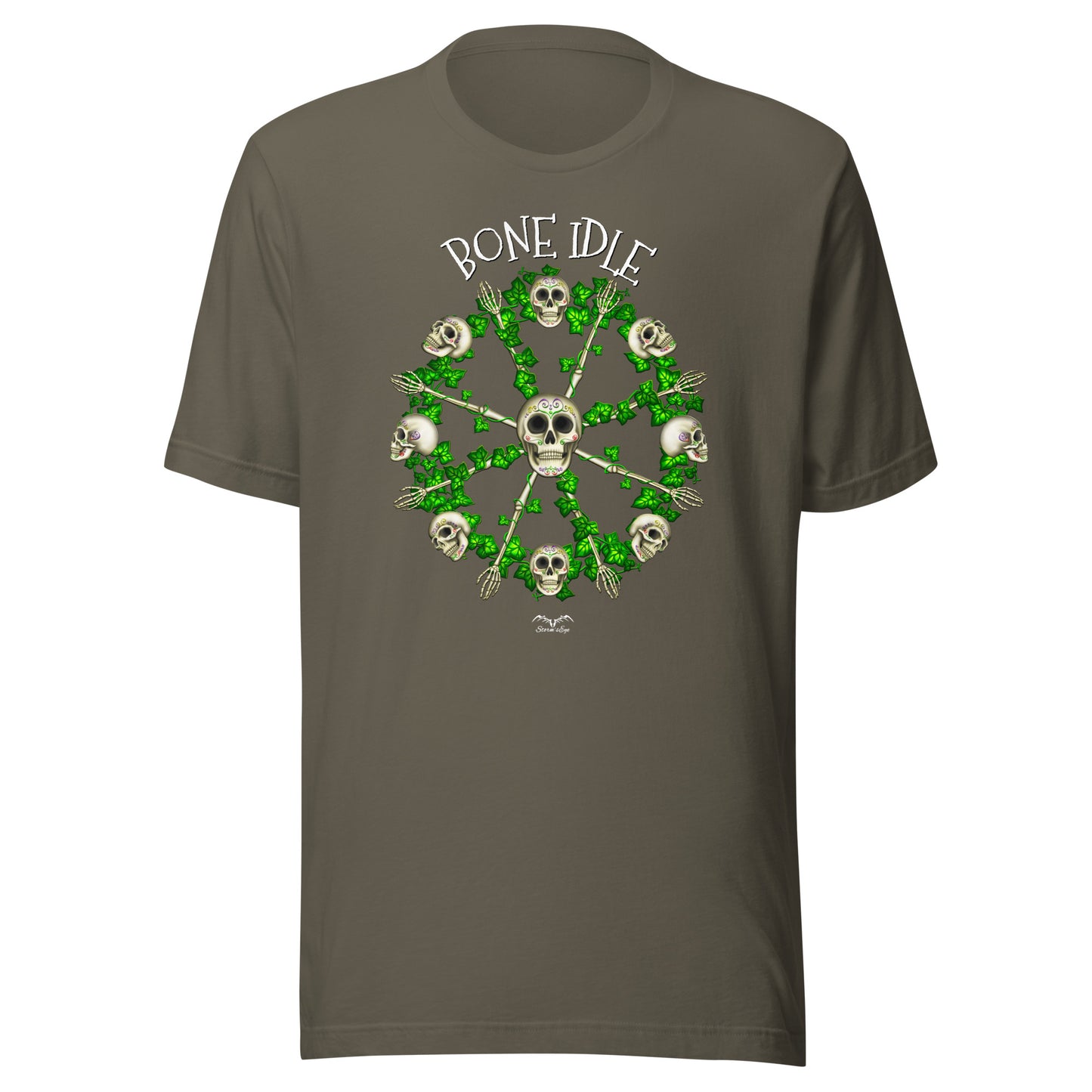 stormseye design bone idle sugar skulls T shirt flat view army green