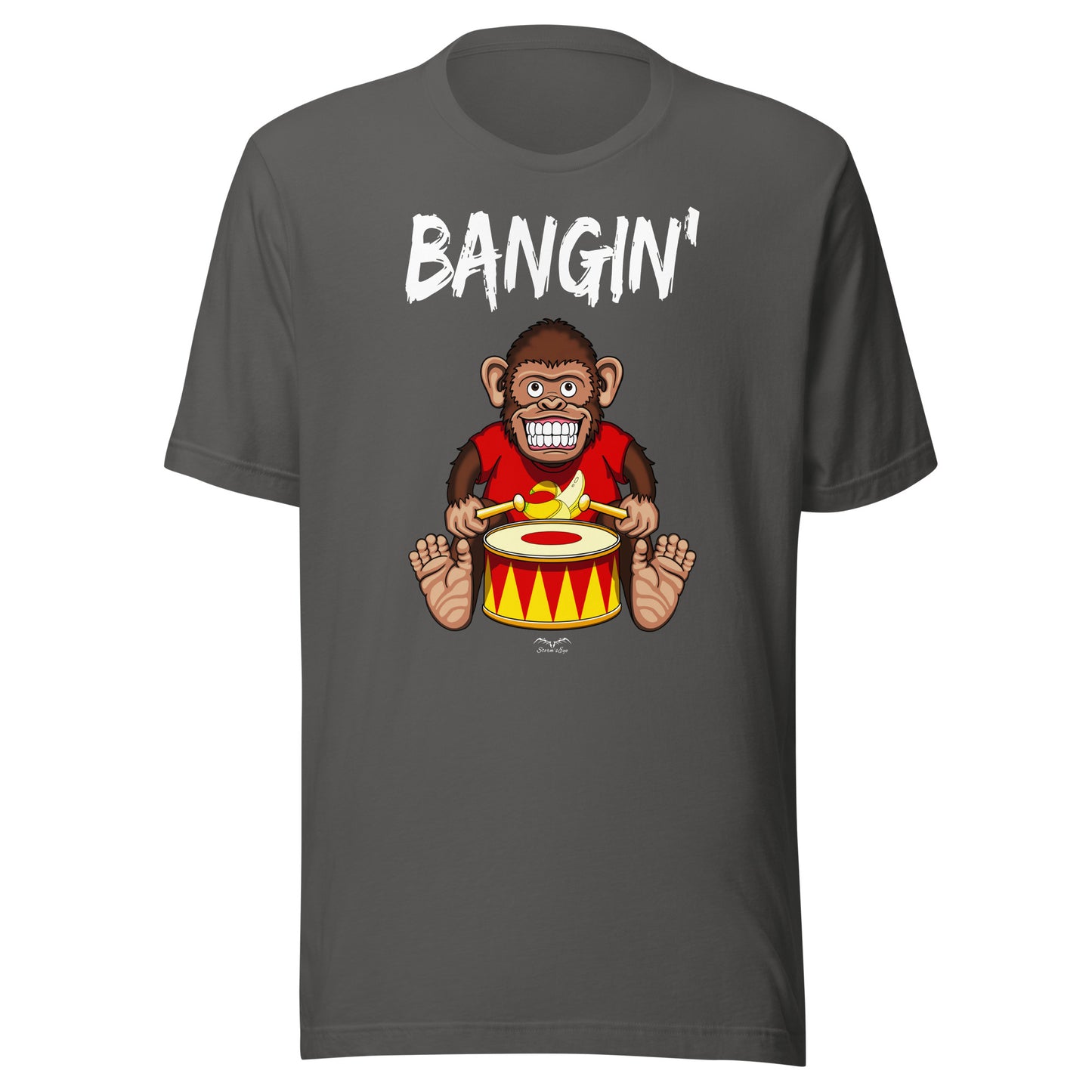 Bangin drummer monkey t-shirt, grey, by Stormseye Design