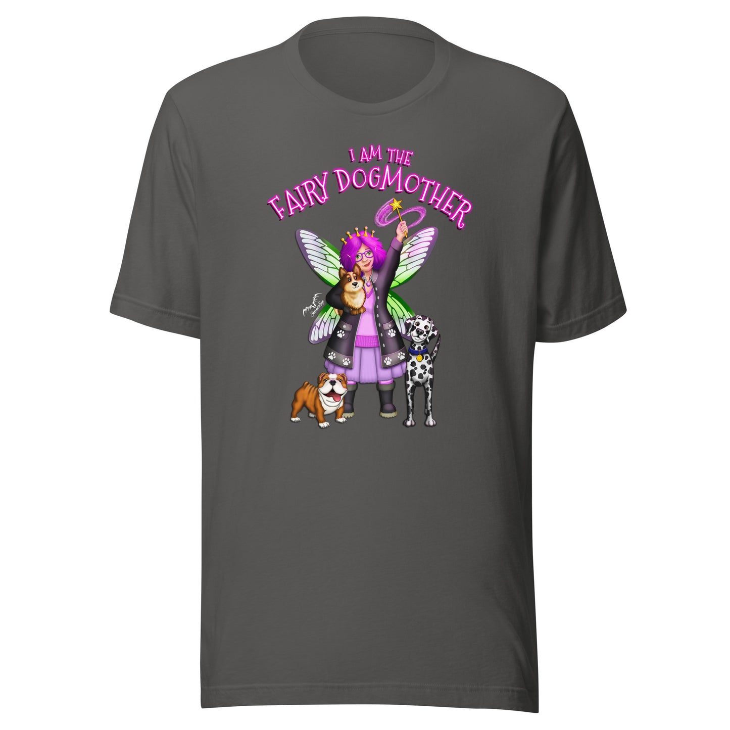 stormseye design fairy dog mother T shirt, flat view grey