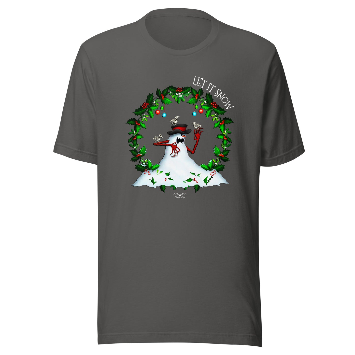 stormseye design evil snowman alternative christmas T shirt, flat view dark grey