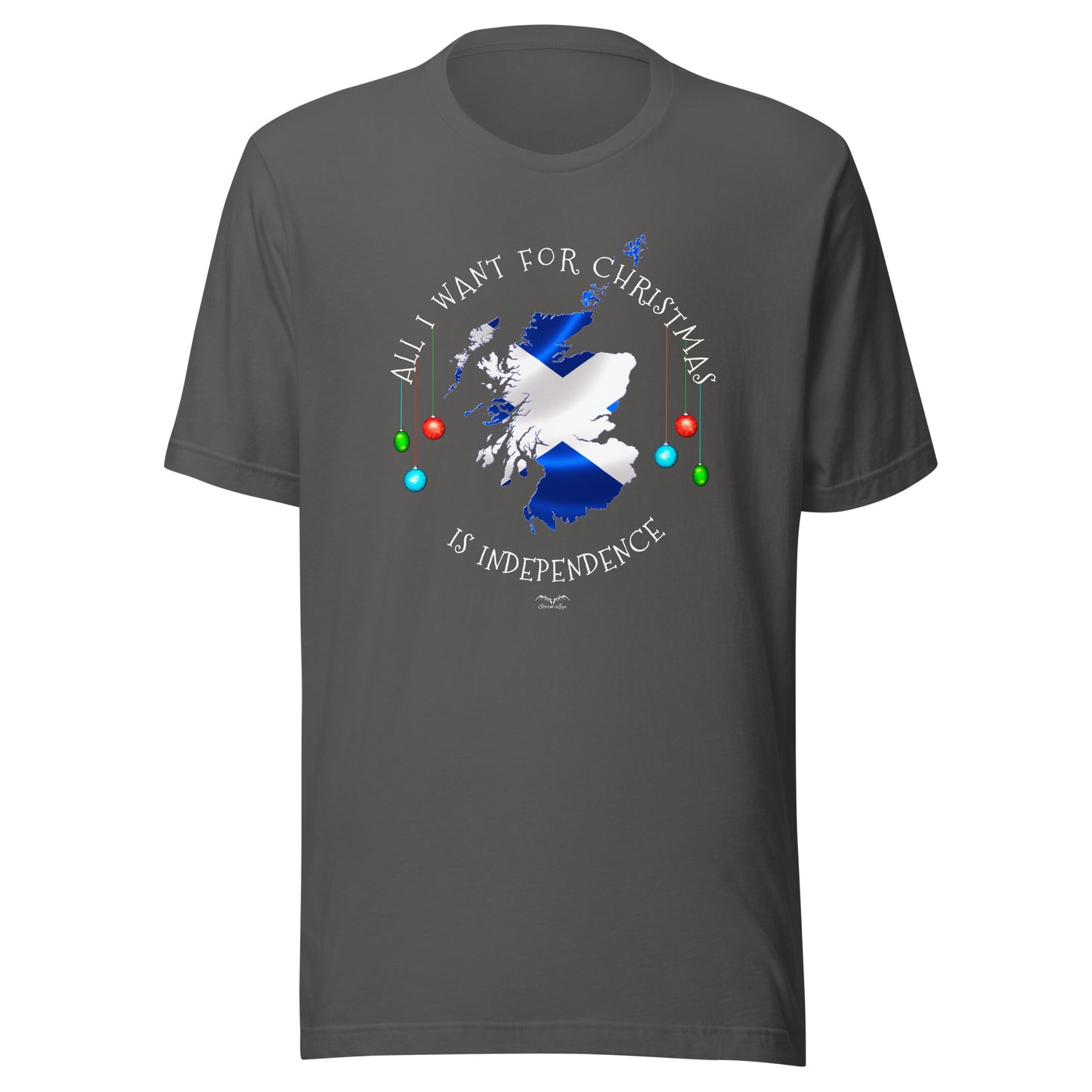 stormseye design christmas scottish independence T shirt, flat view dark grey