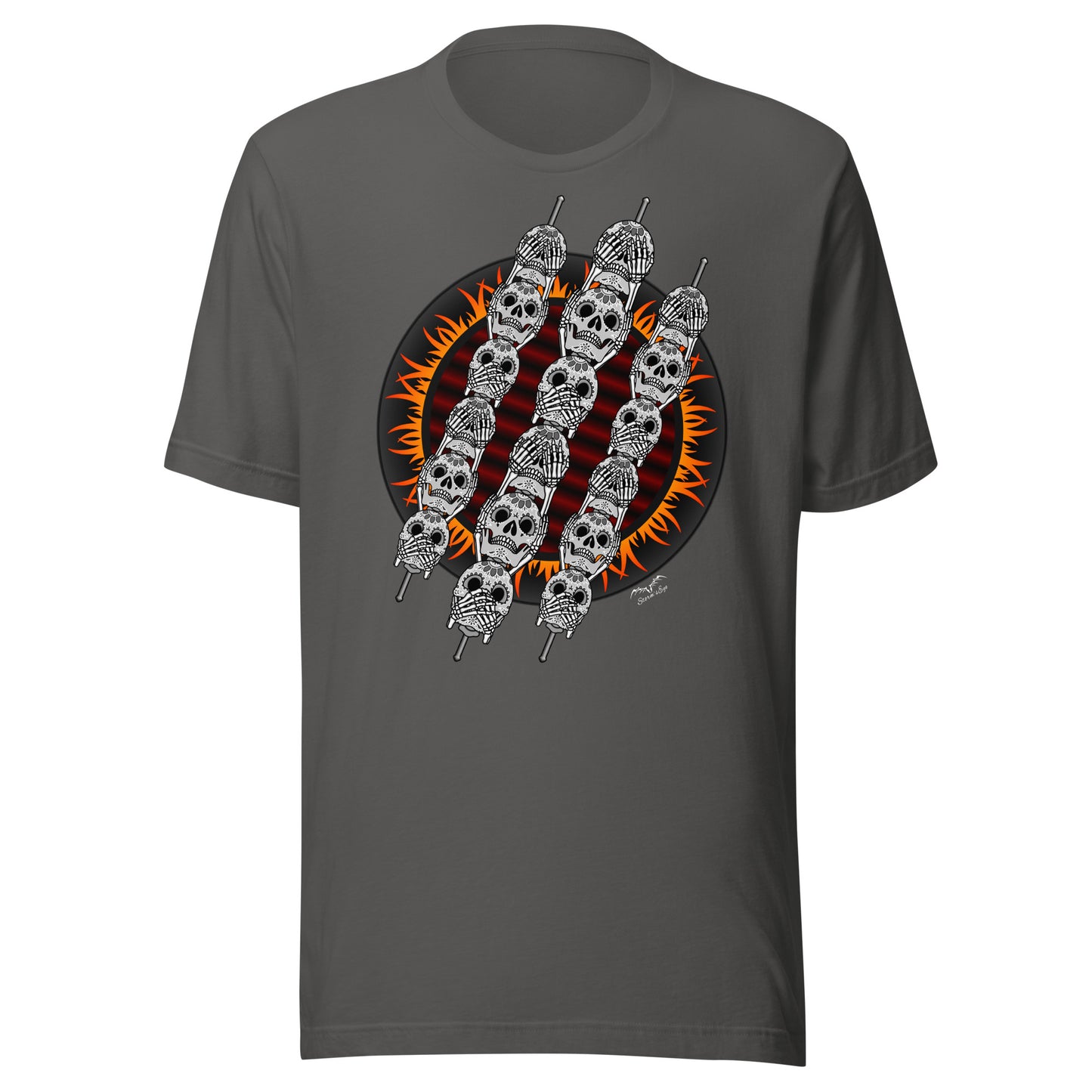 stormseye design skewer skulls gothic BBQ T shirt, modelled view grey