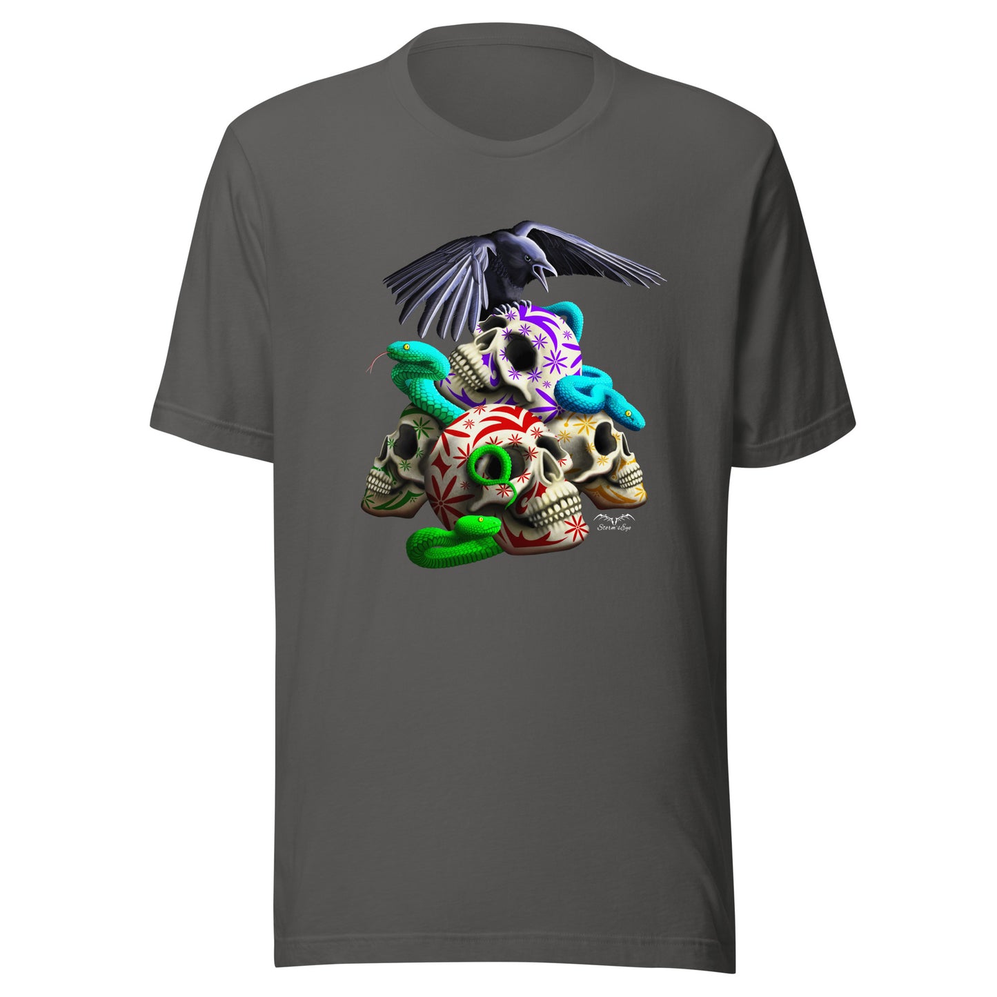 stormseye design gothic sugar skulls and snakes T shirt flat view grey