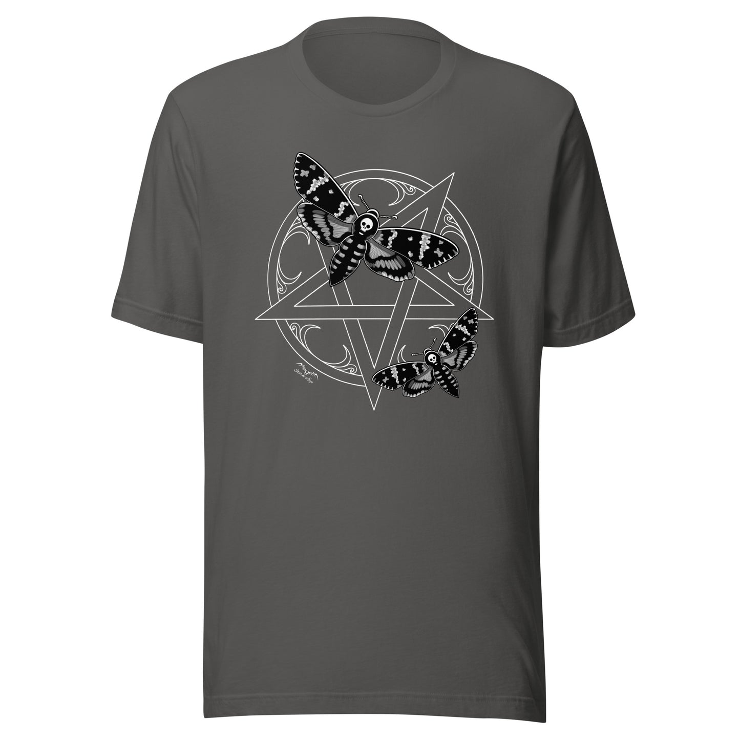 stormseye design deaths head moths pentagram T shirt flat view grey