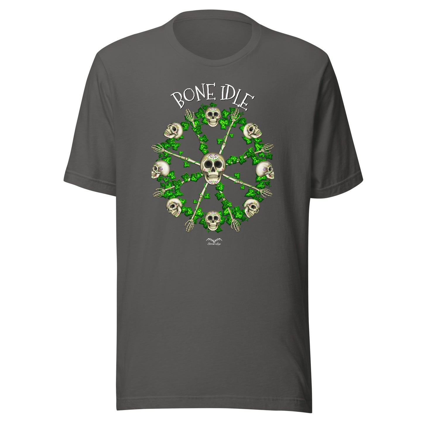 stormseye design bone idle sugar skulls T shirt flat view grey