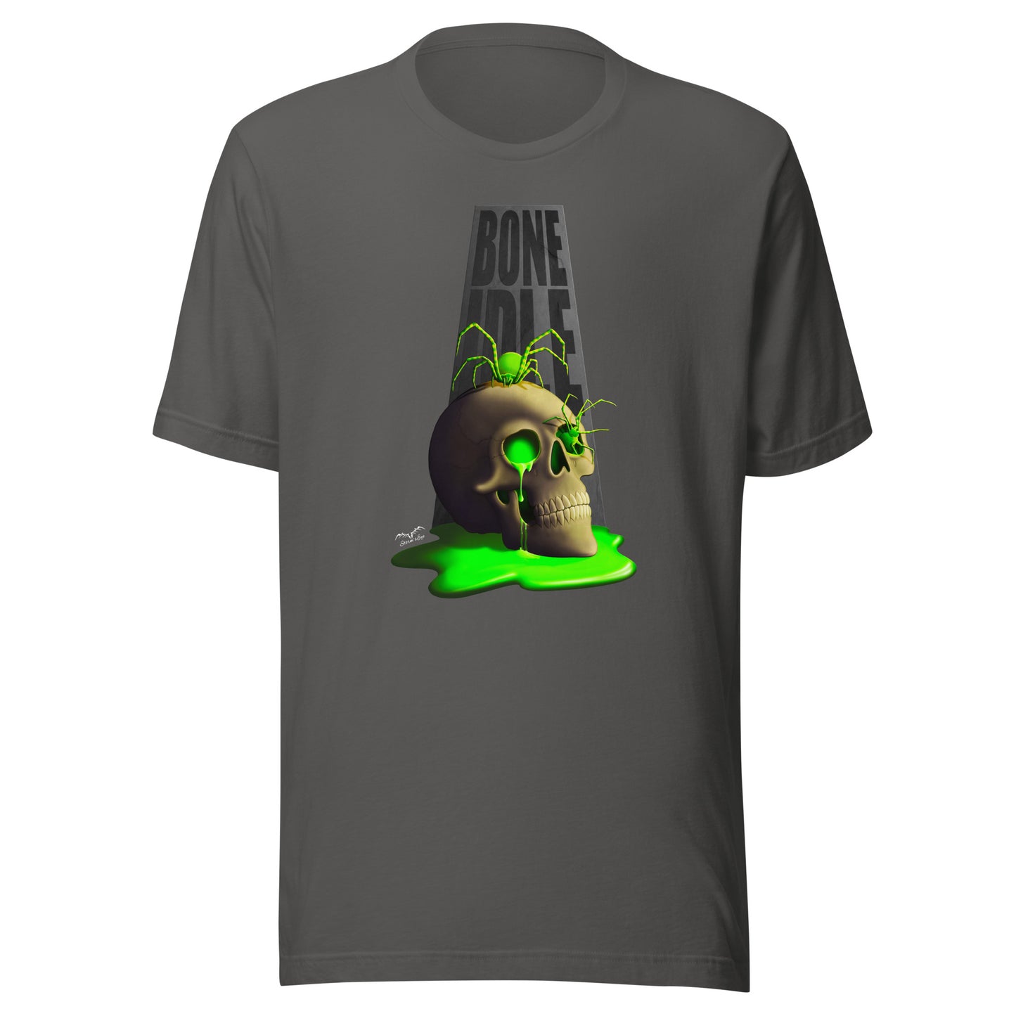 stormseye design bone idle skull and spiders T shirt flat view grey