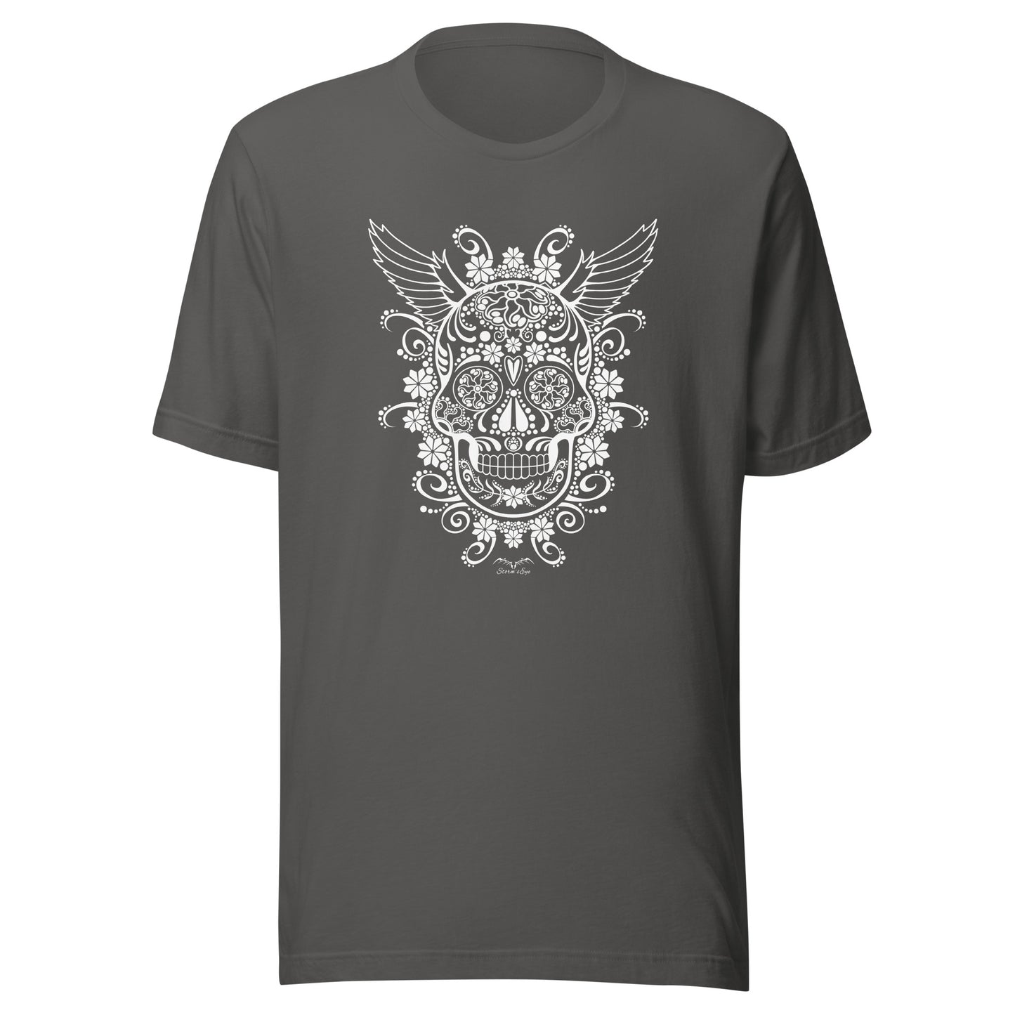 stormseye design gothic sugar skull T shirt flat view grey