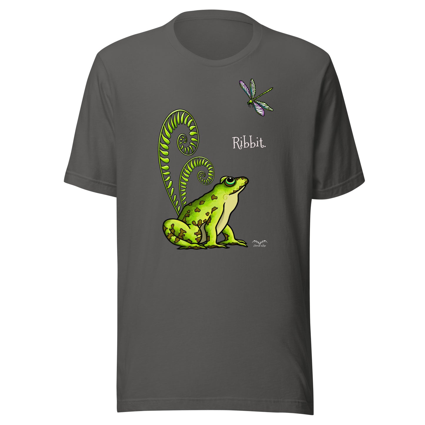stormseye design pretty frog dragonfly T shirt, flat view grey
