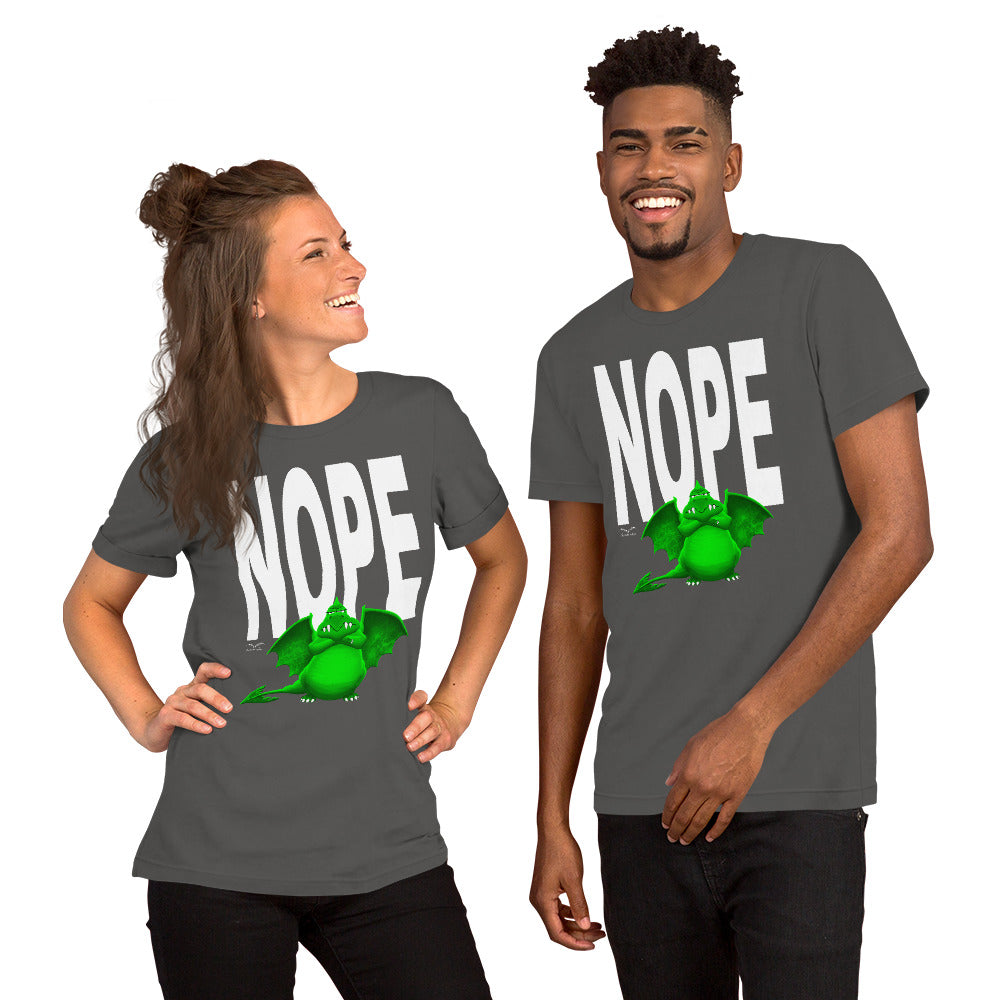 Nope Dragon T-shirt by Stormseye, grey, modelled view