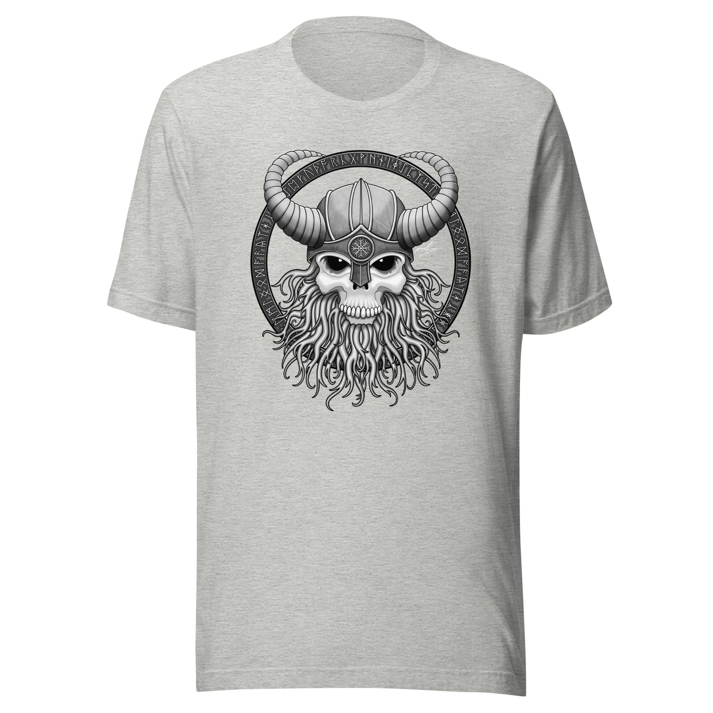 stormseye design viking skull runes T shirt, flat view sports grey