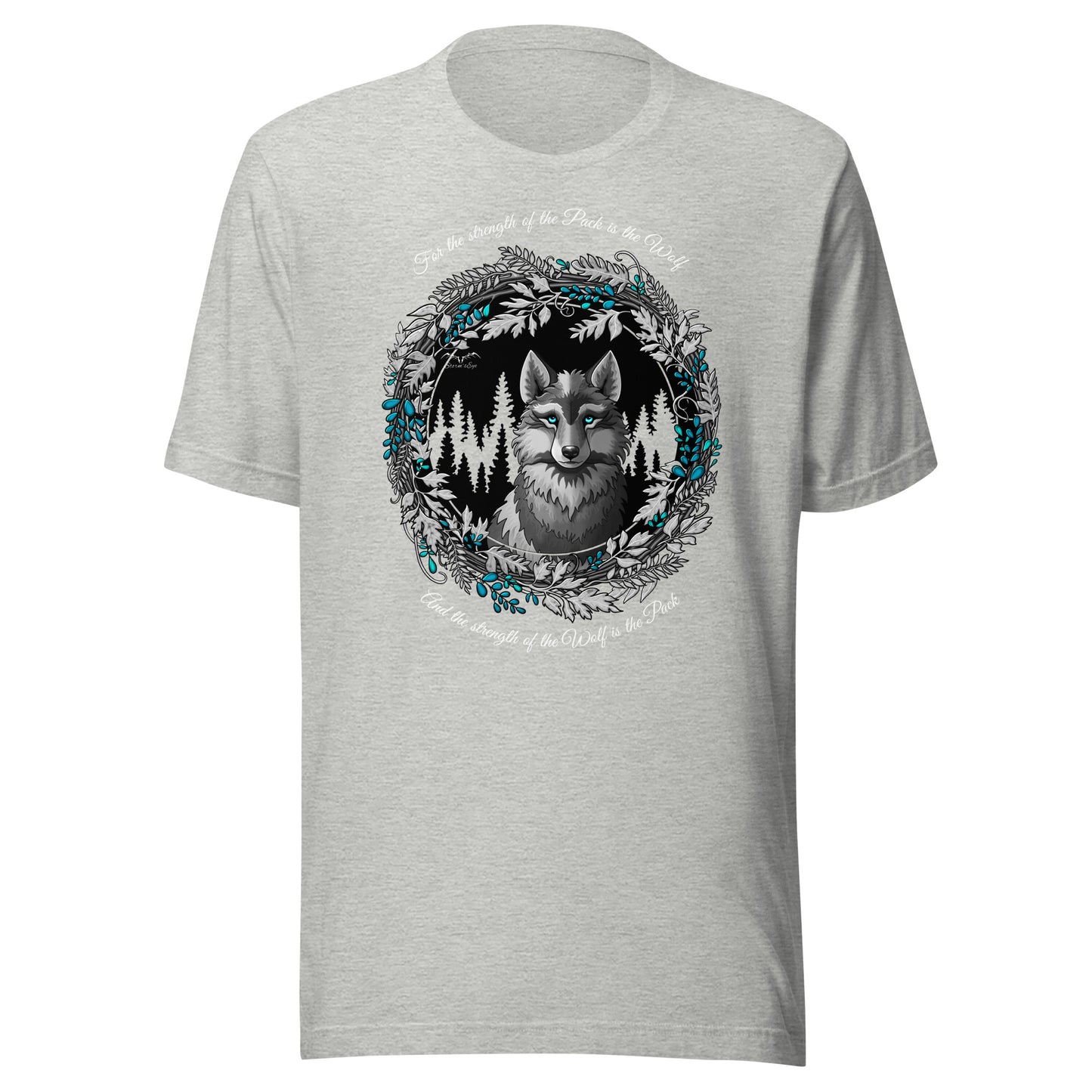 Stormseye Design silver winter wolf T shirt flat view sports grey