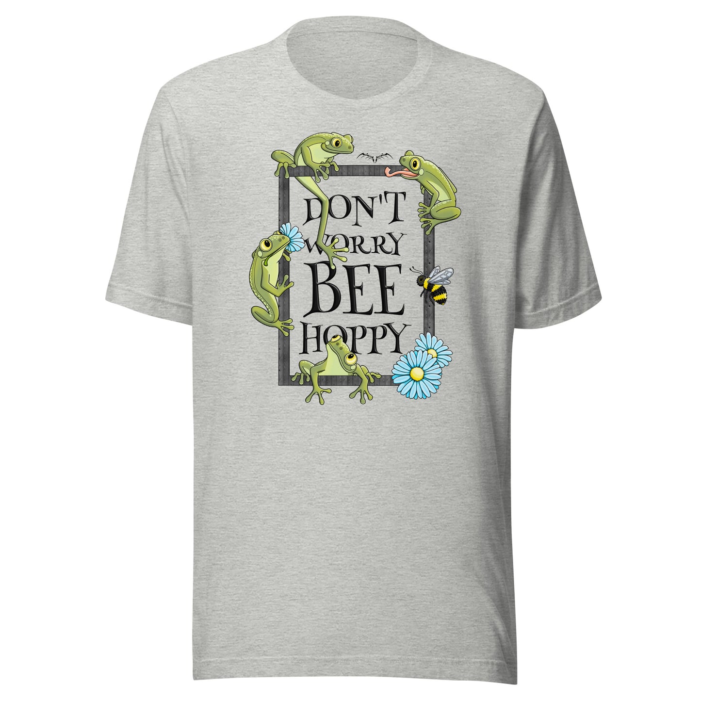stormseye design don’t worry bee hoppy T shirt, flat view sport grey