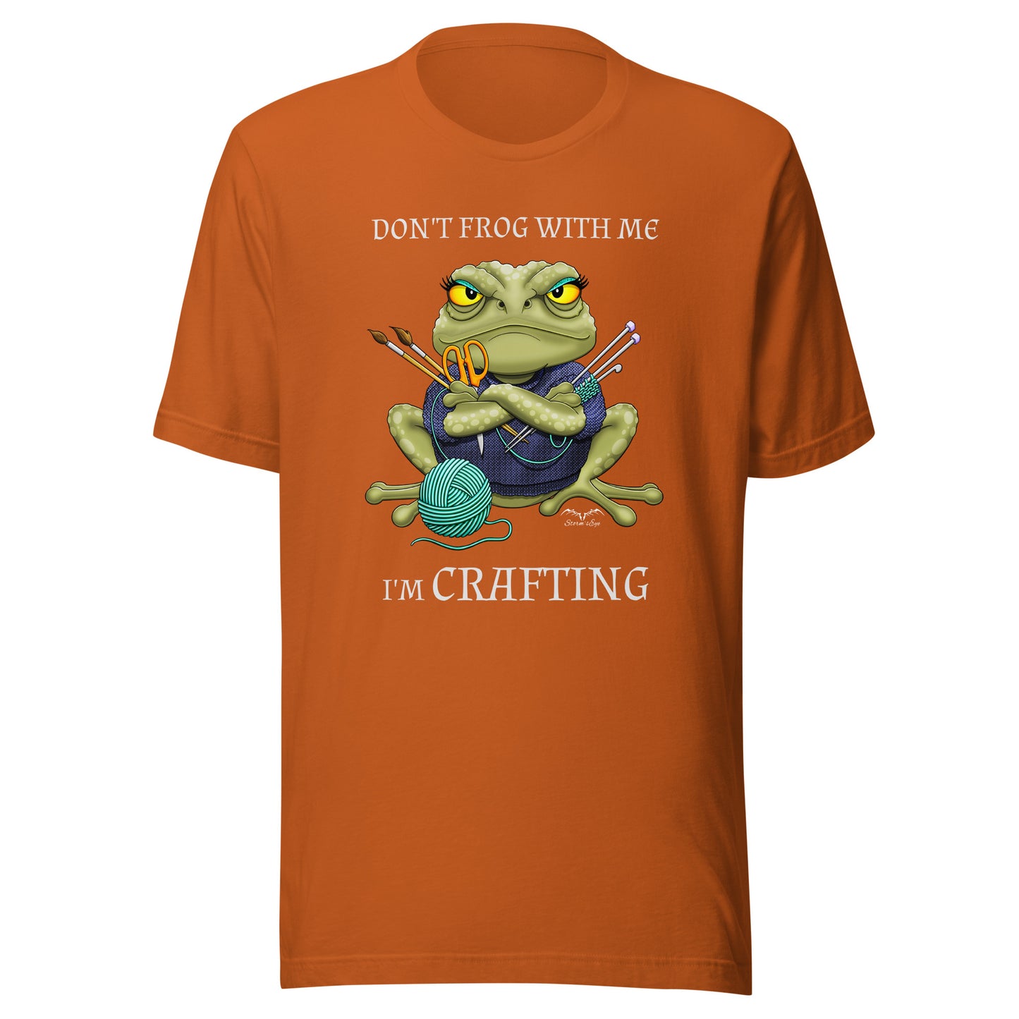 stormseye design crafting frog T shirt, flat view ornage
