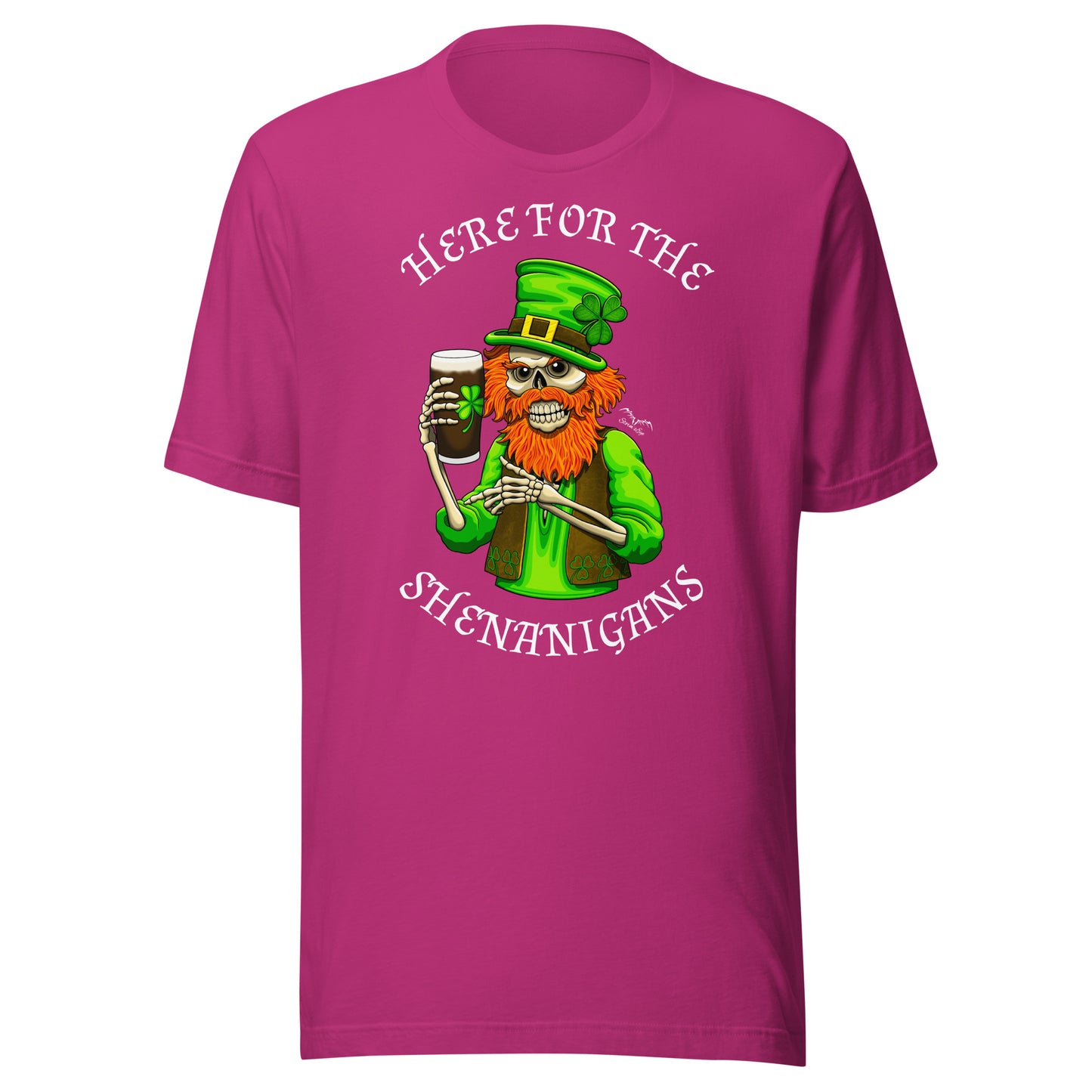 stormseye design st patricks day shenanigans T shirt, flat view bright pink