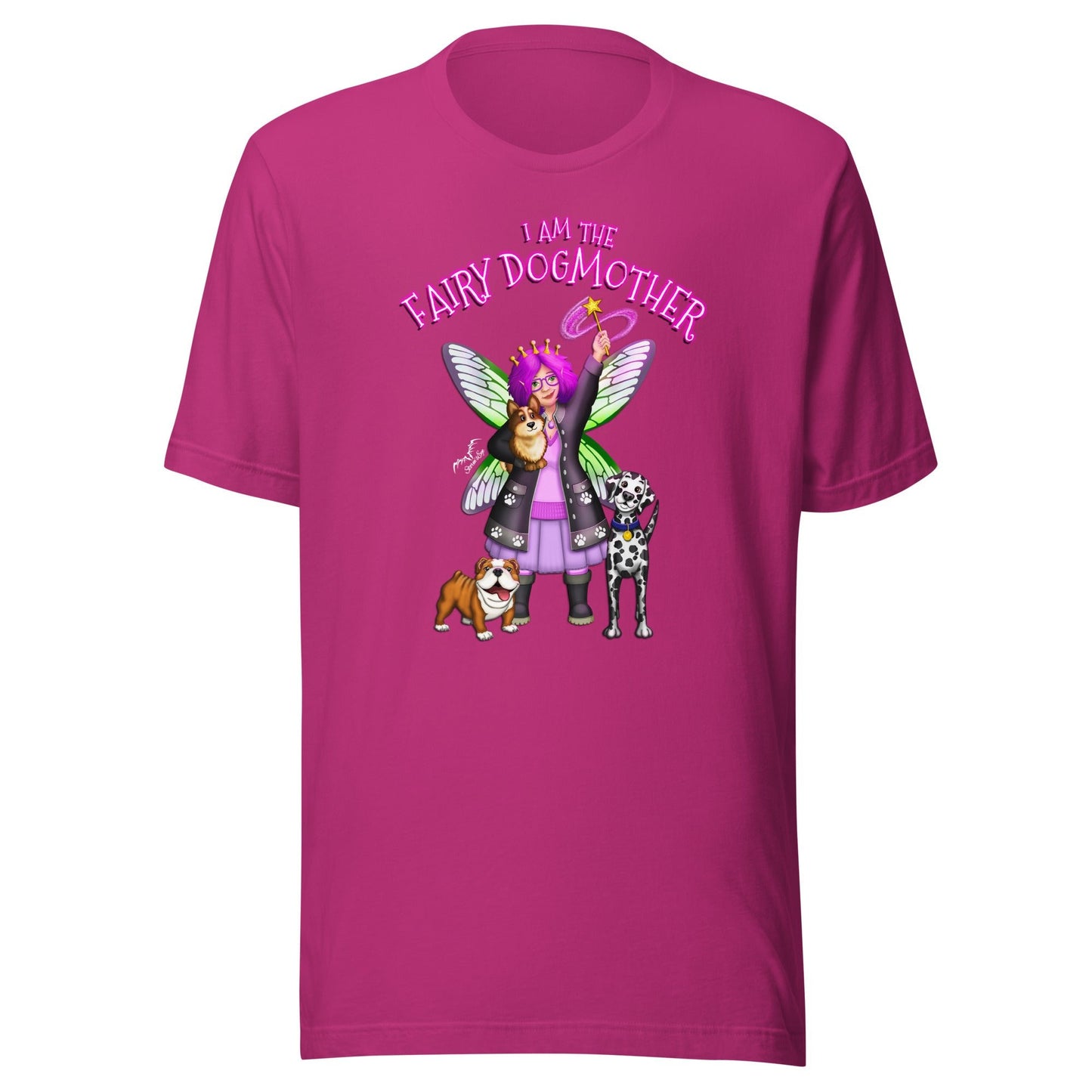 stormseye design fairy dog mother T shirt, flat view pink
