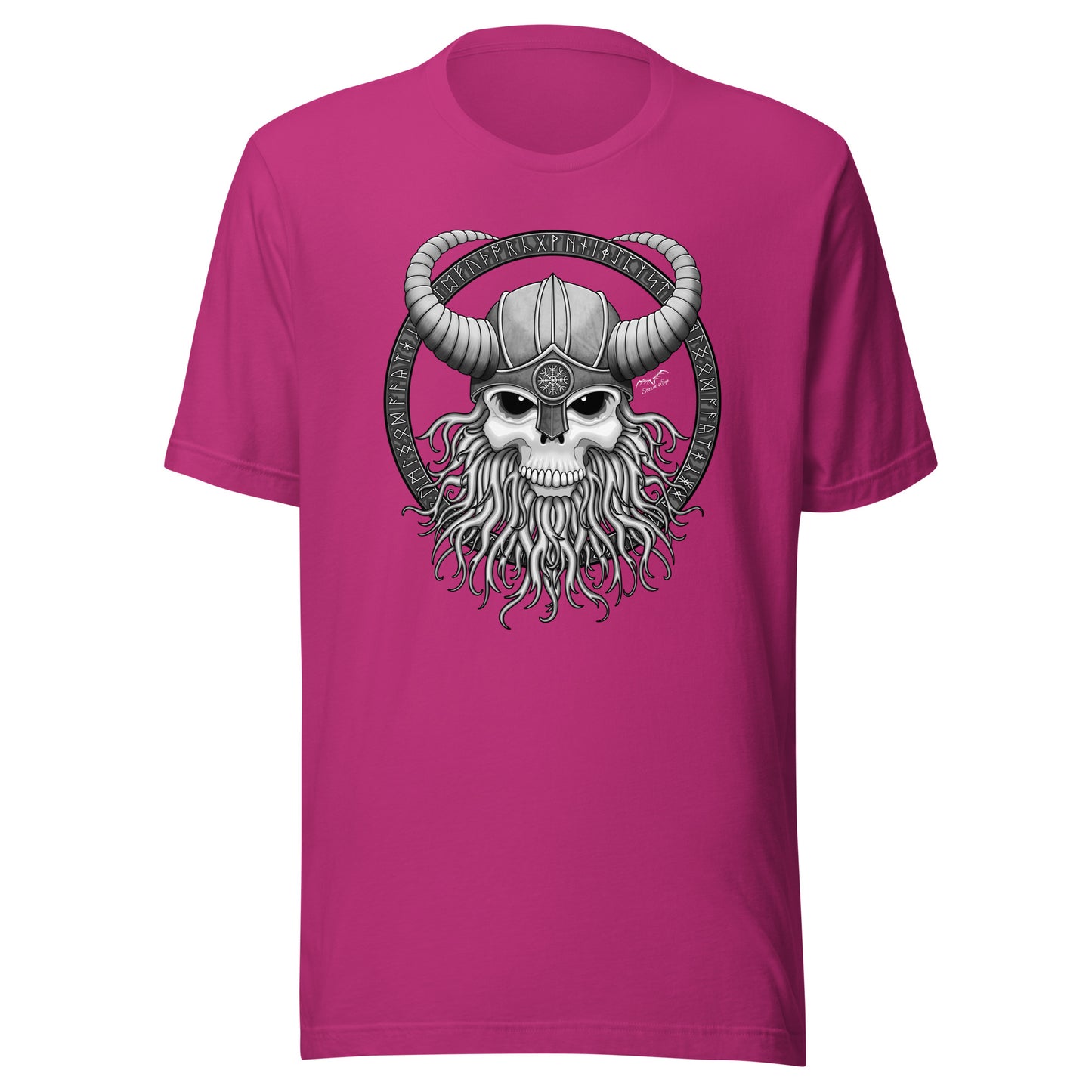 stormseye design viking skull runes T shirt, flat view pink