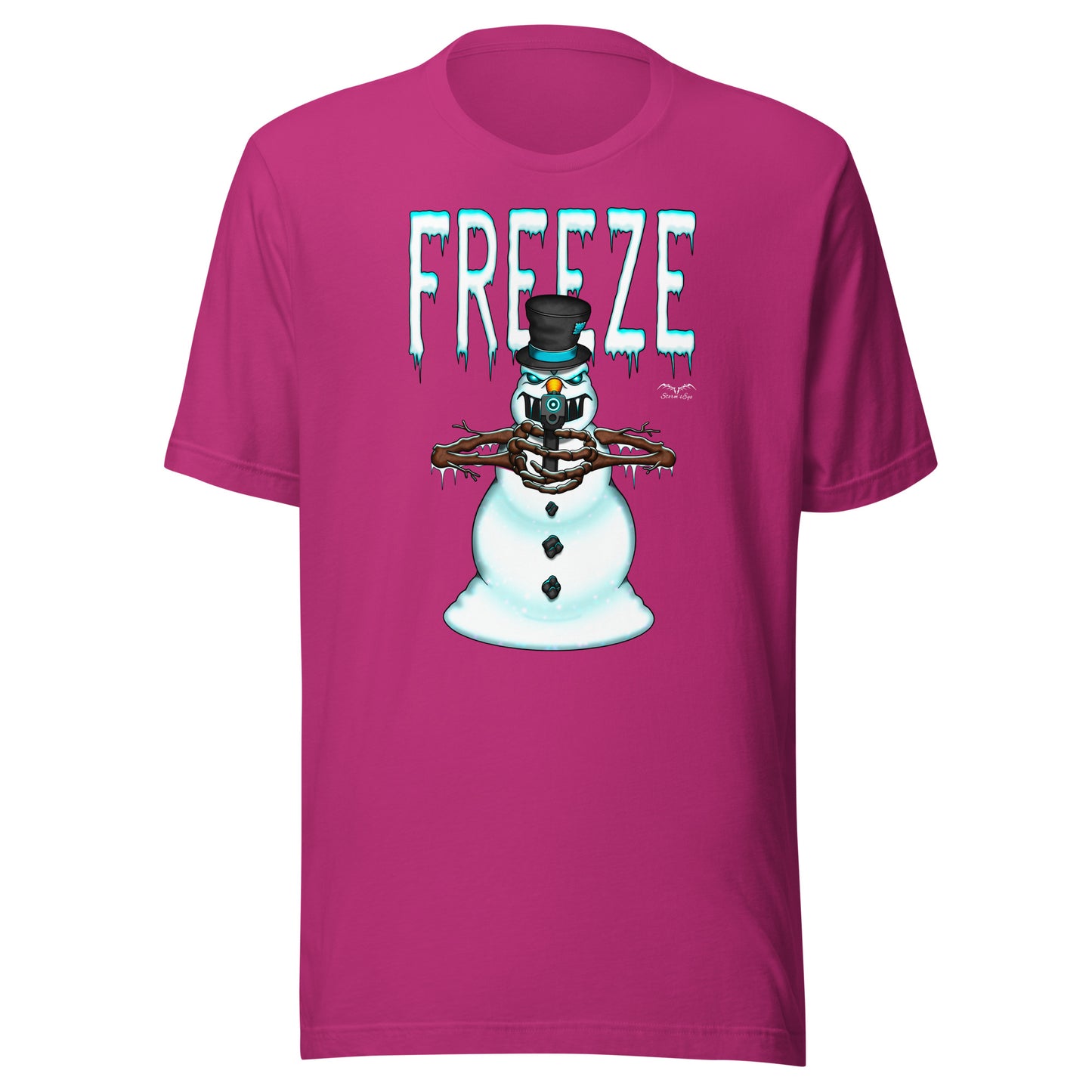 stormseye design mr freeze alternative christmas T shirt, flat view bright pink