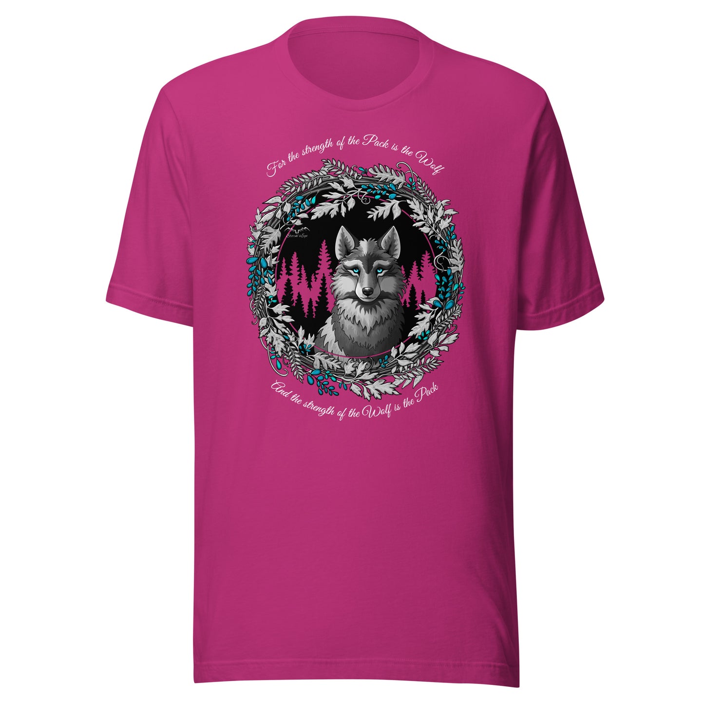 Stormseye Design silver winter wolf T shirt flat view pink