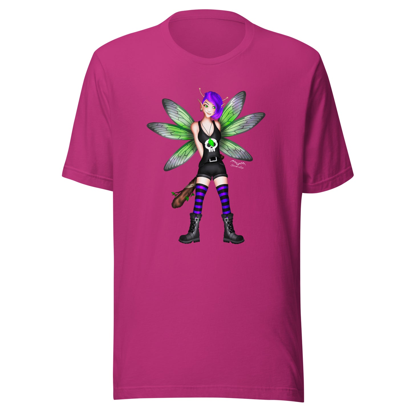 stormseye design rocker fairy fink T shirt, flat view bright pink