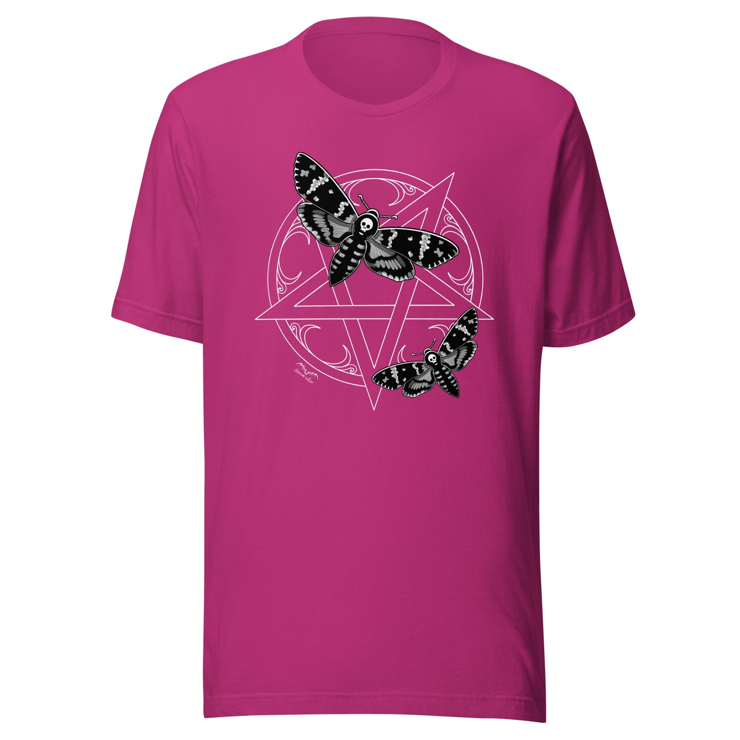 stormseye design deaths head moths pentagram T shirt flat view pink