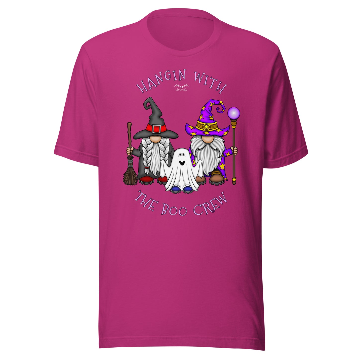 stormseye design boo crew halloween gnomes T shirt flat view pink