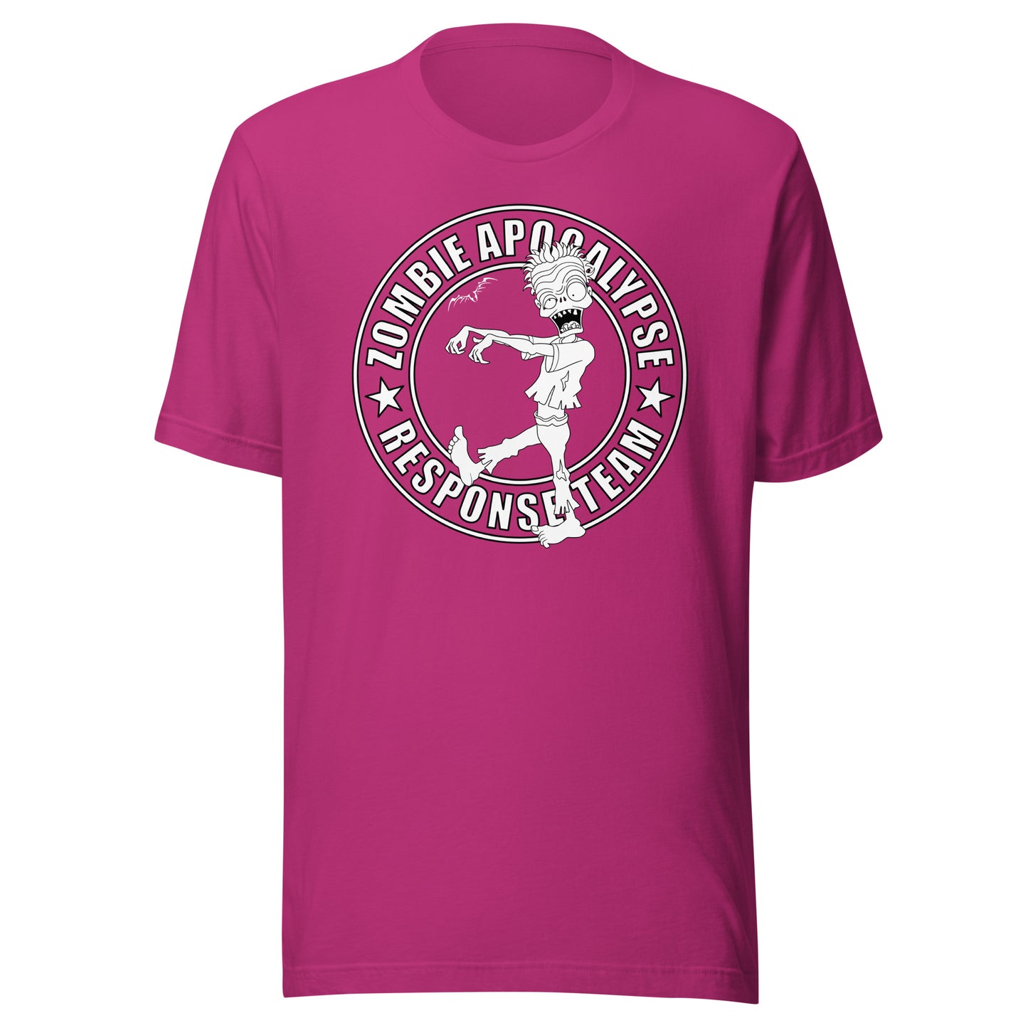 stormseye design zombie apocalypse T shirt, flat view pink