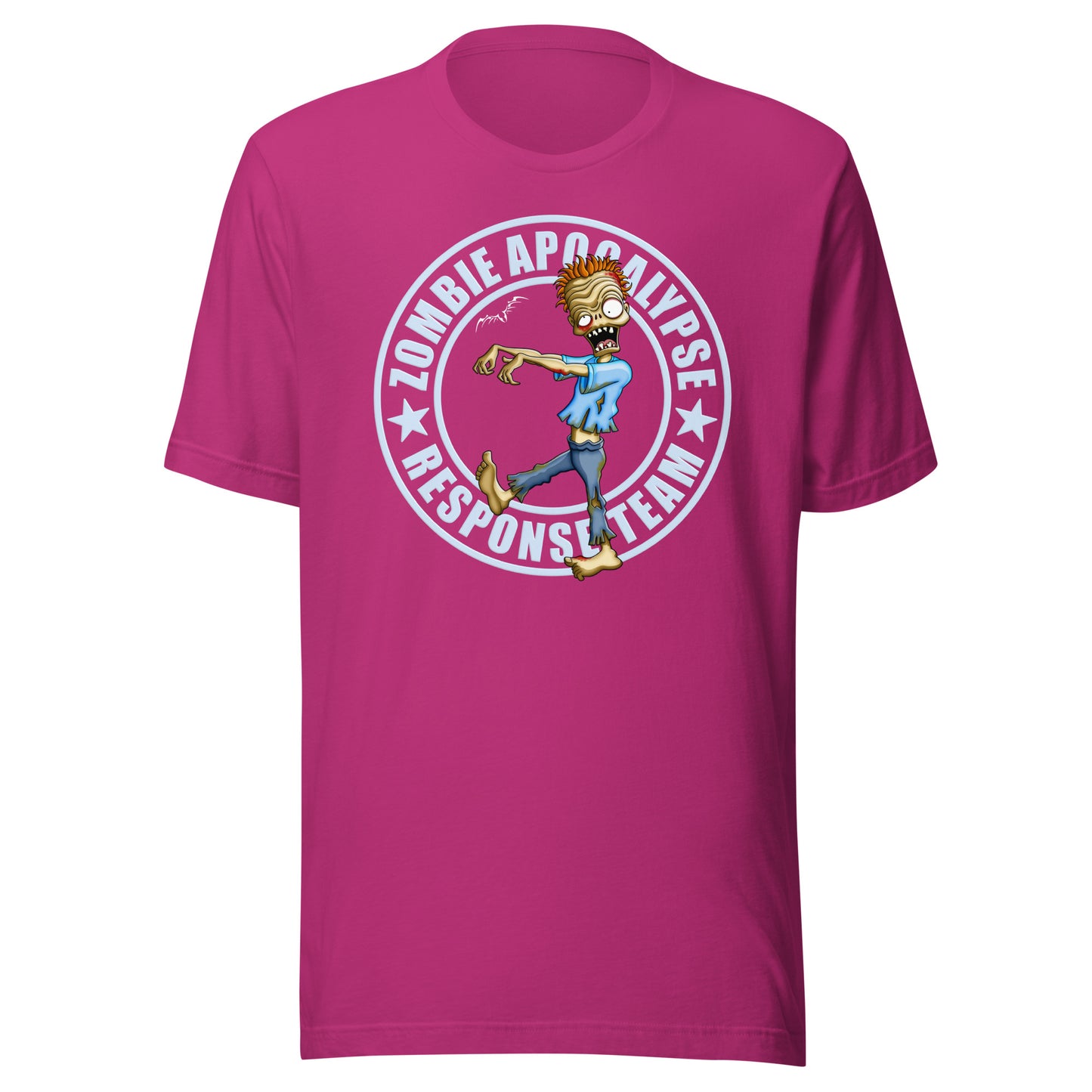 stormseye design zombie apocalypse colour T shirt, flat view bright pink
