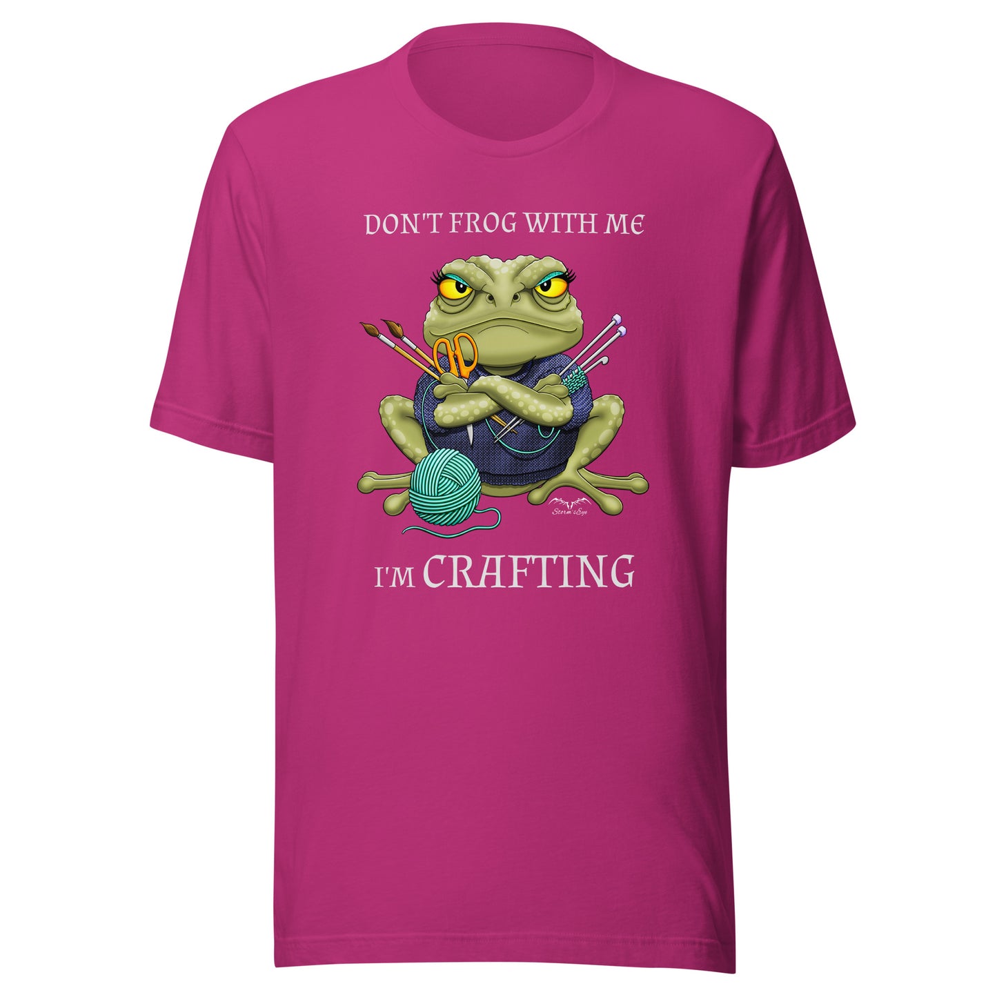 stormseye design crafting frog T shirt, flat view bright pink