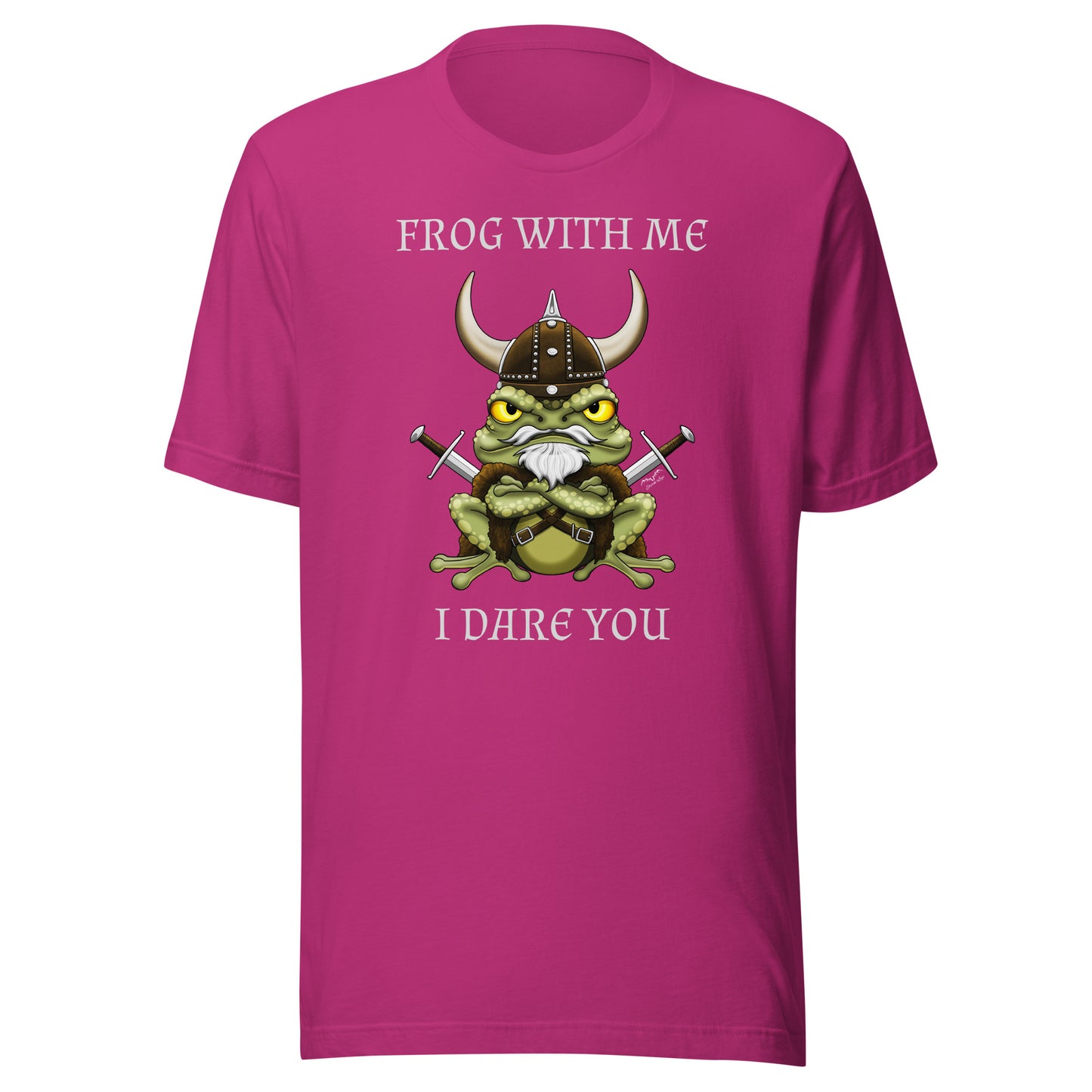 stormseye design frog with me viking T shirt, flat view bright pink