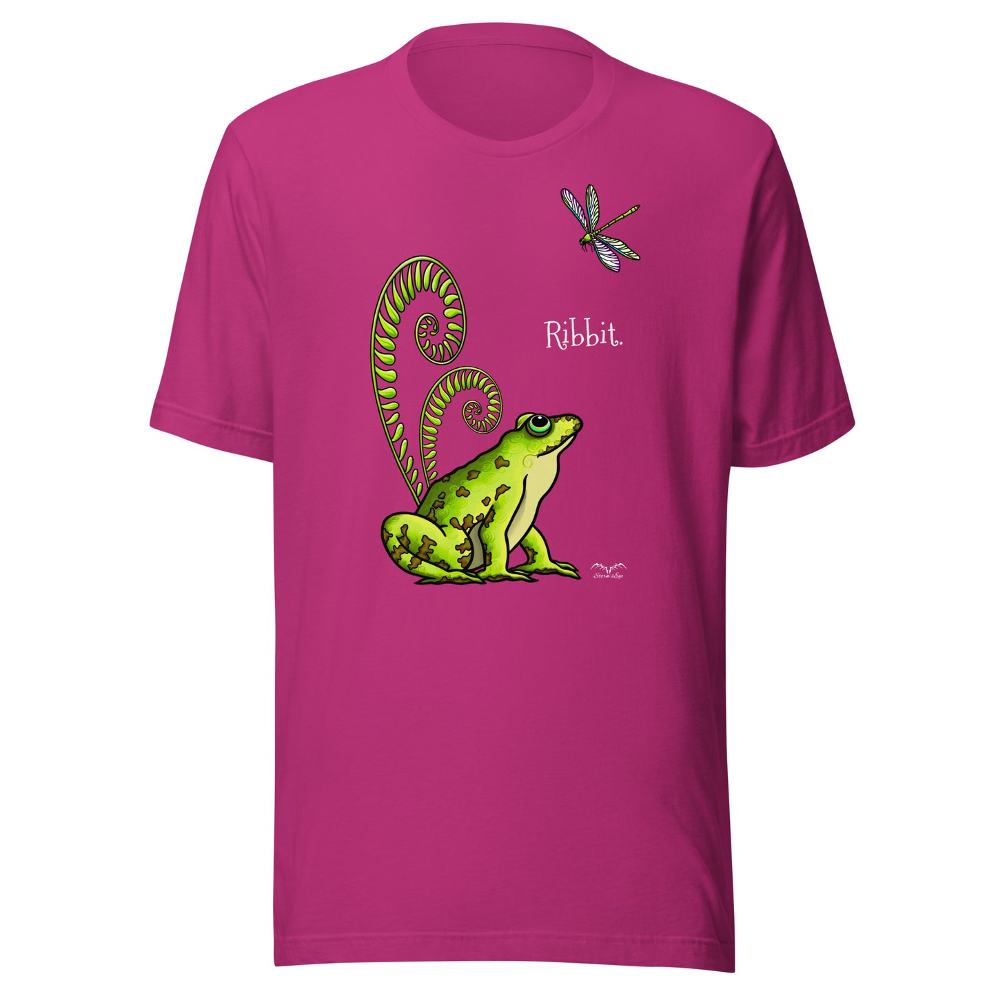 stormseye design pretty frog dragonfly T shirt, flat view bright pink