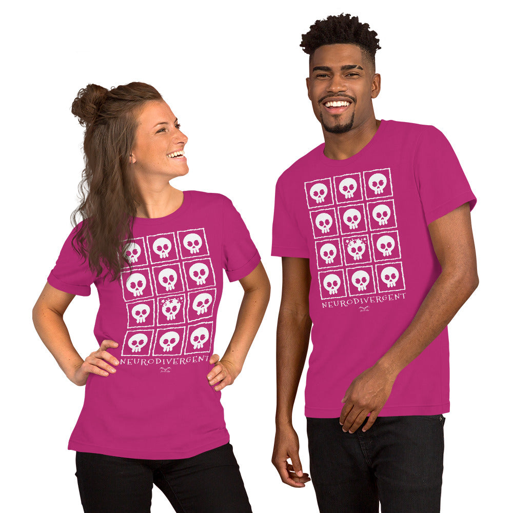 Neurodivergent skulls T-shirt by Stormseye, hot pink, modelled view