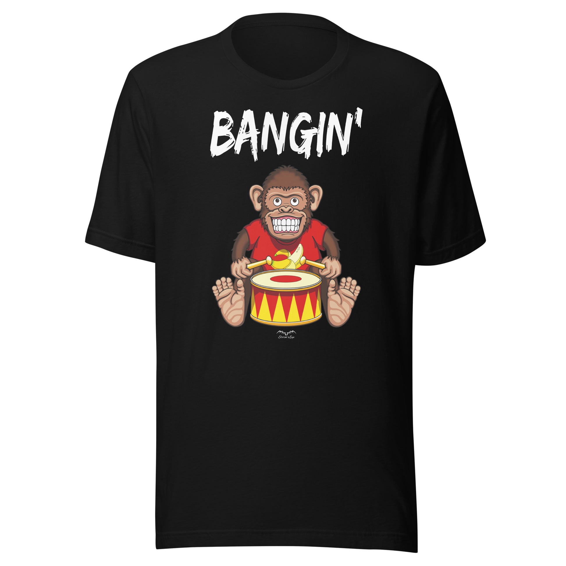 Bangin drummer monkey t-shirt, black, by Stormseye Design