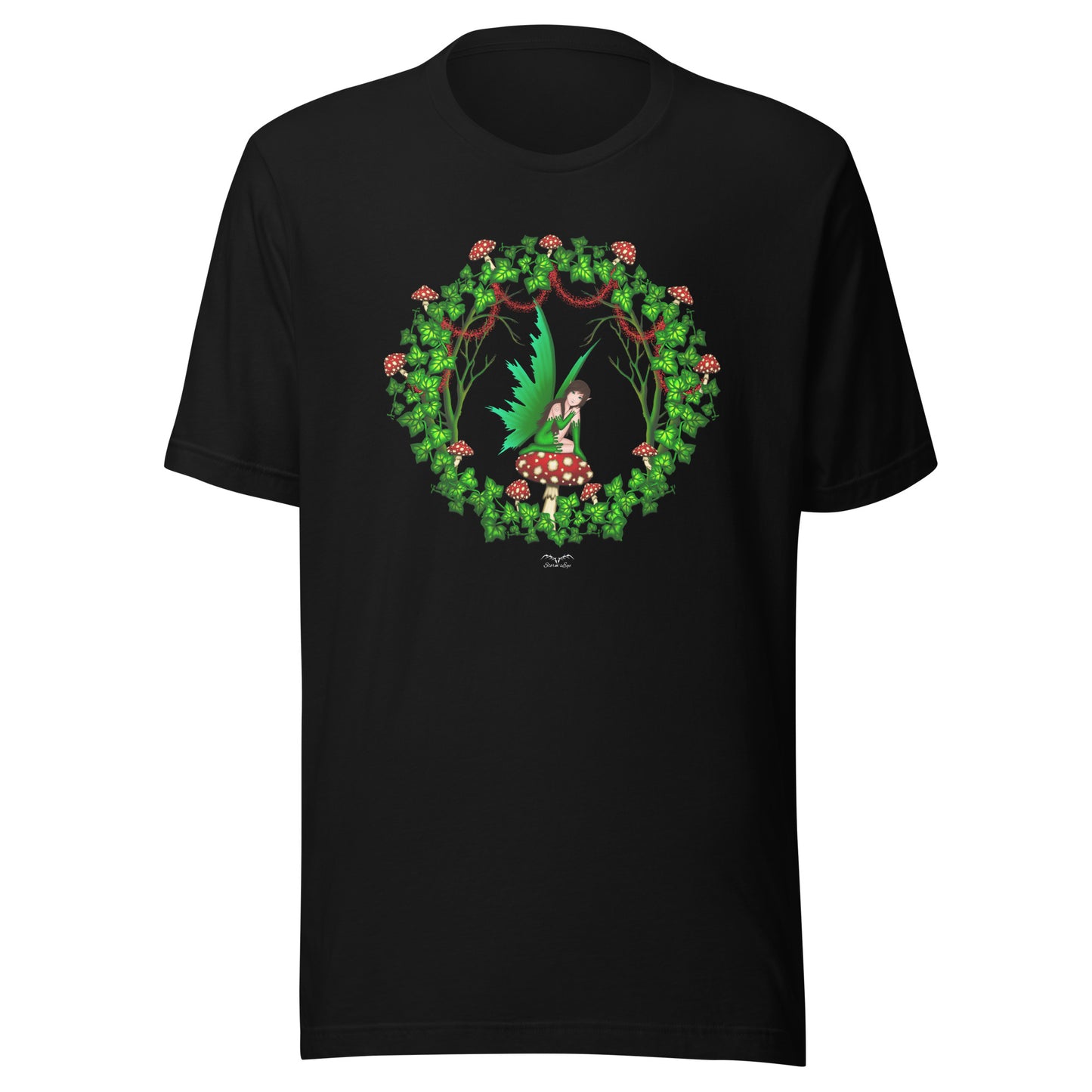 mushroom fairy cottage core t-shirt black, by stormseye design