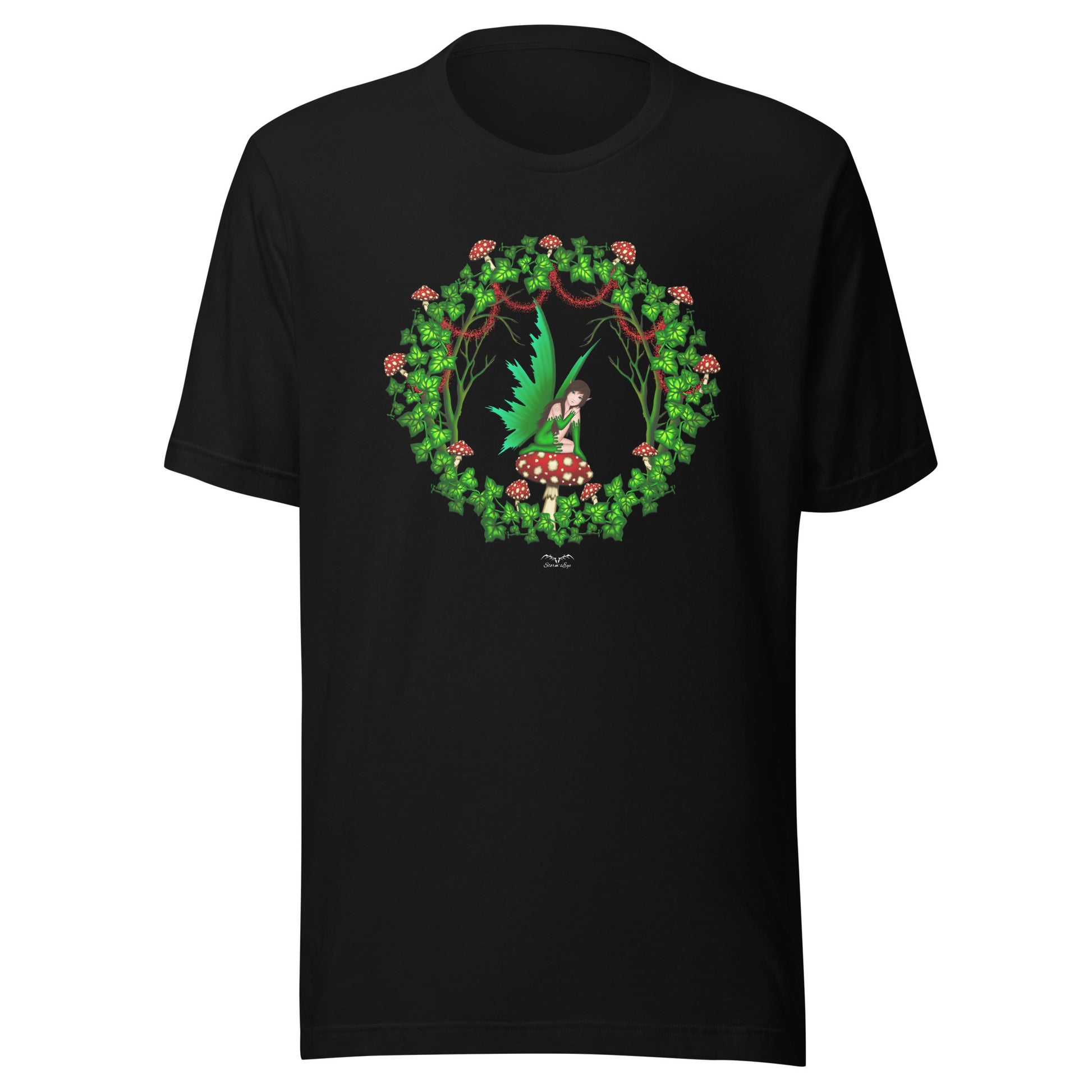 mushroom fairy cottage core t-shirt black, by stormseye design