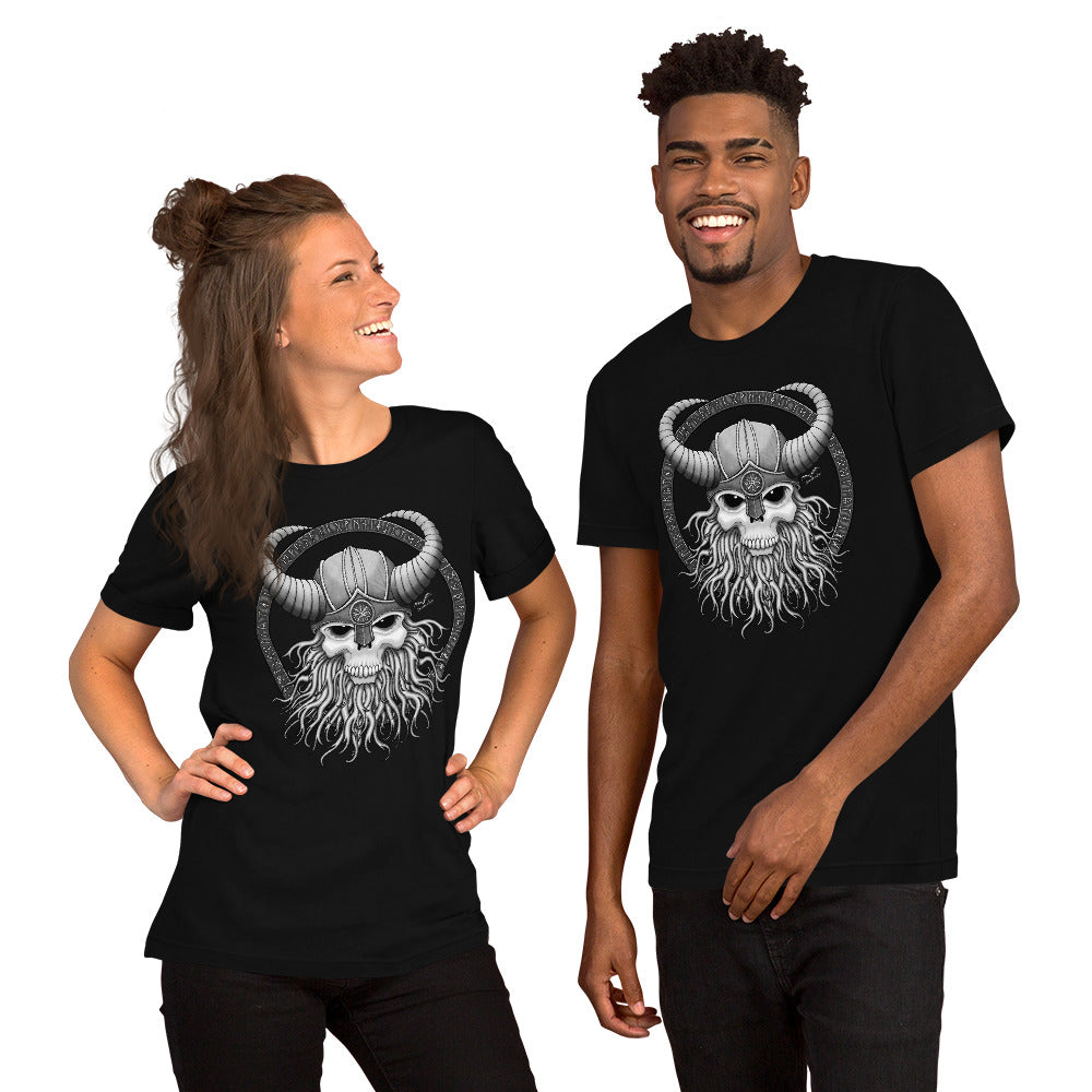 stormseye design viking skull runes T shirt, modelled view black
