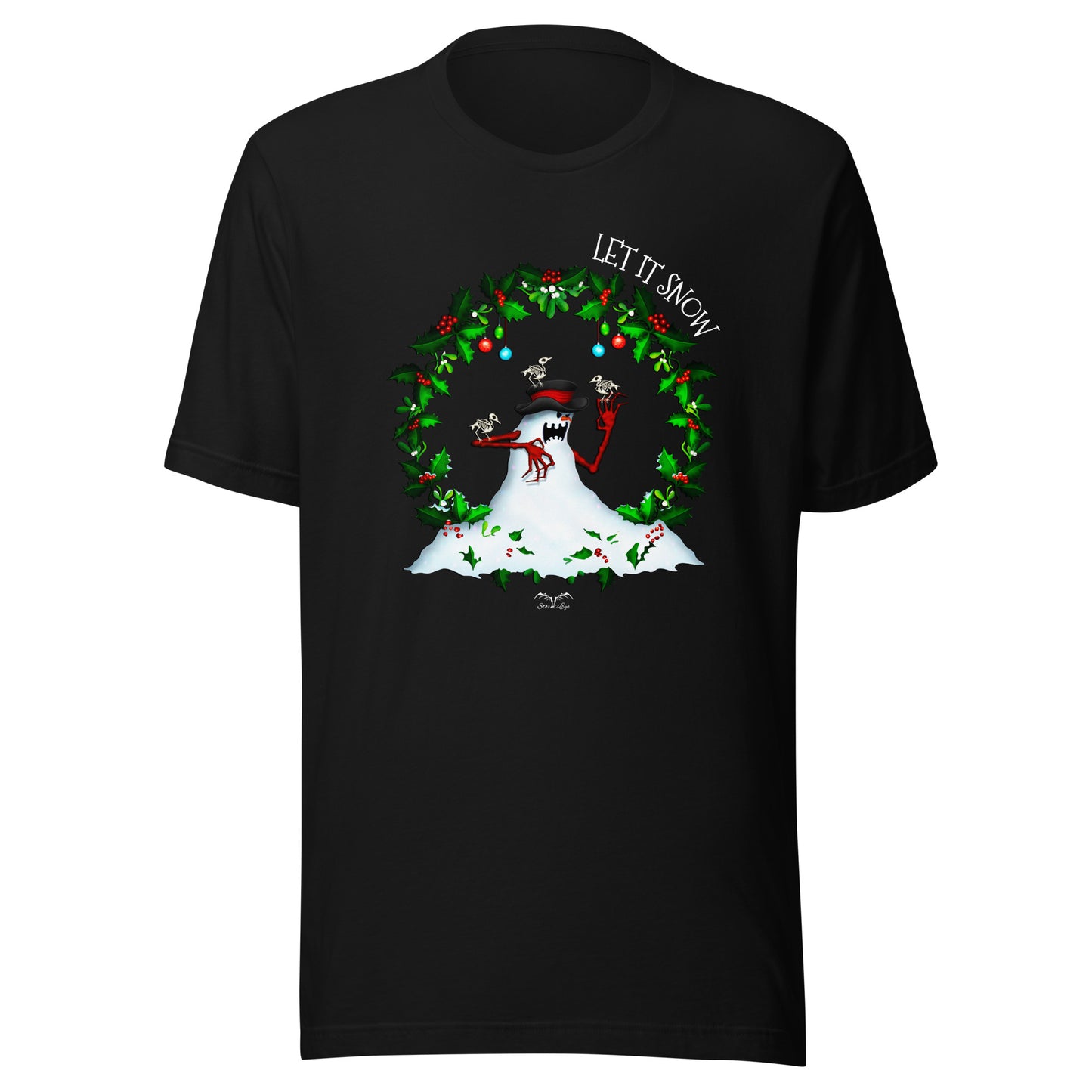 stormseye design evil snowman alternative christmas T shirt, flat view black