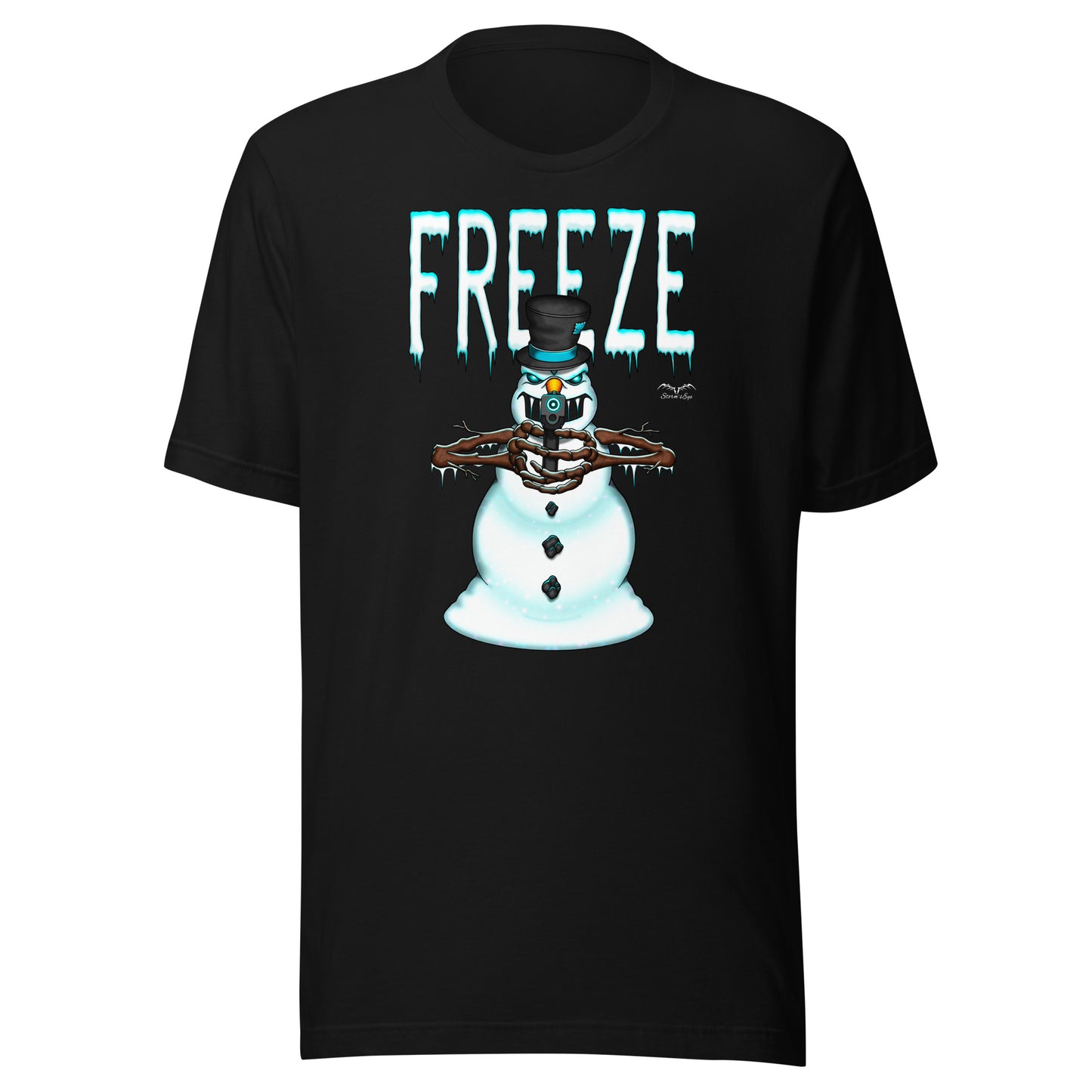 stormseye design mr freeze alternative christmas T shirt, flat view black