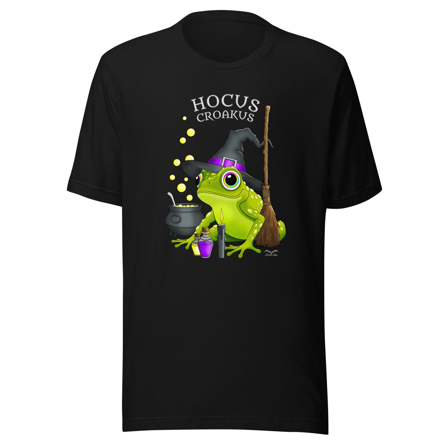 stormseye design witch frog hocus croakus T shirt, flat view black