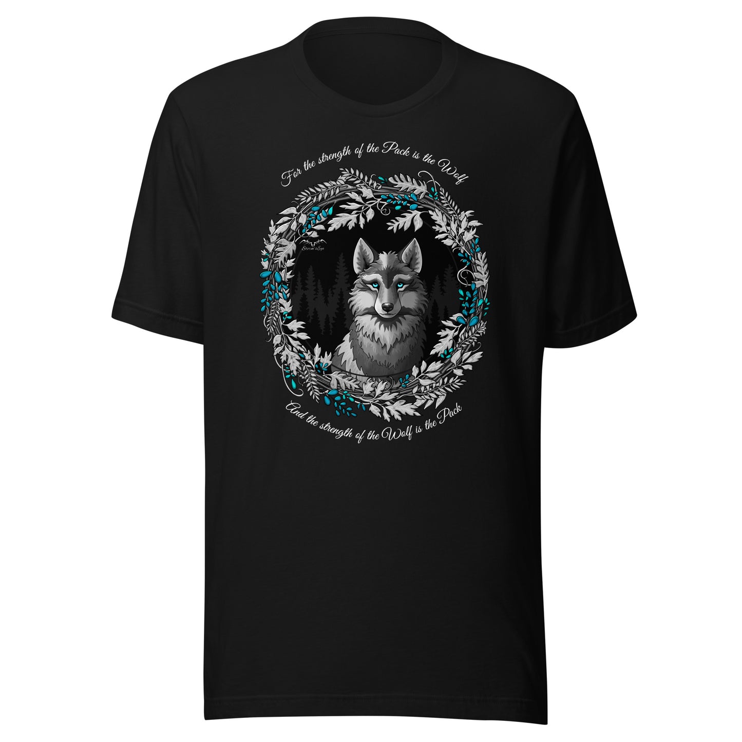 Stormseye Design silver winter wolf T shirt flat view black
