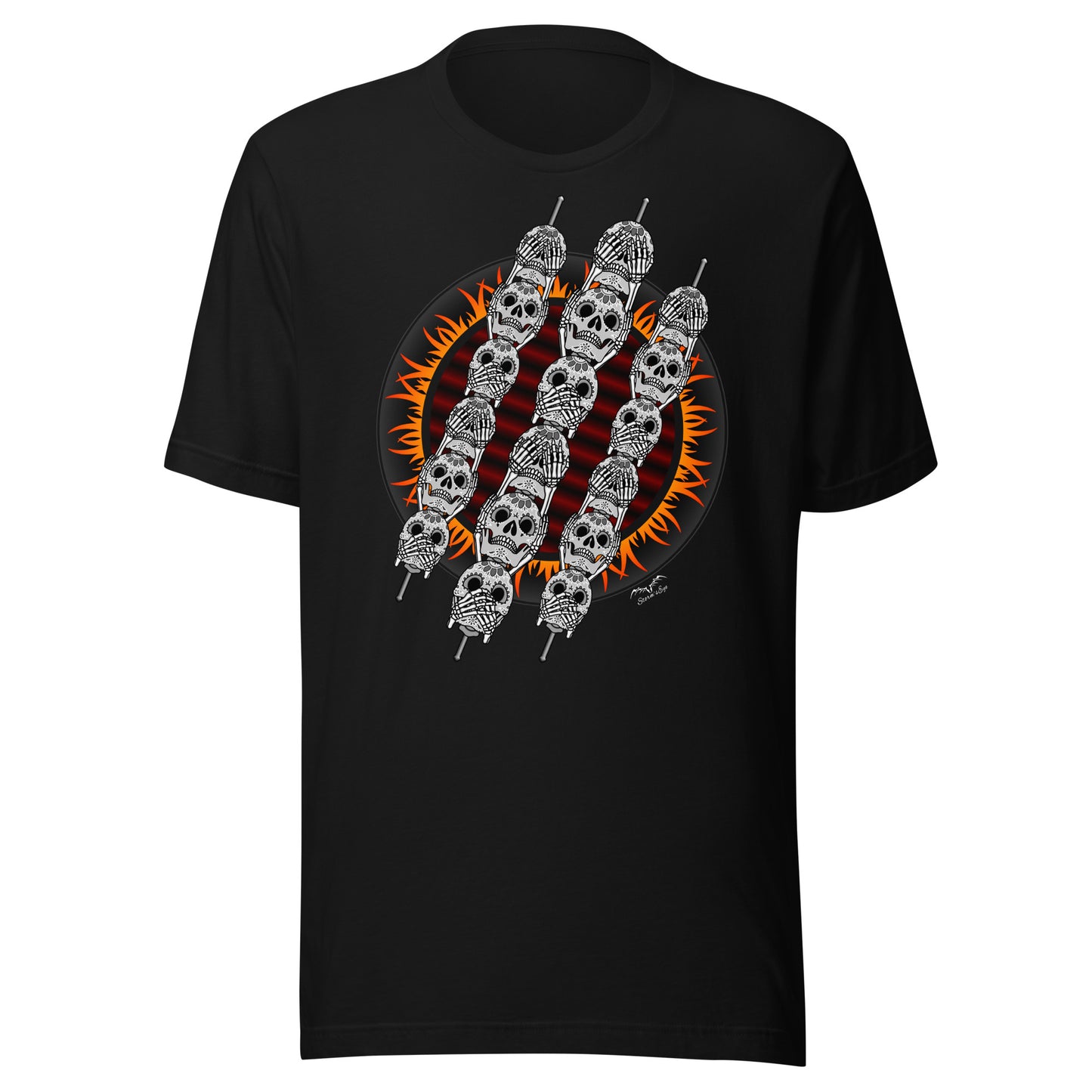 stormseye design skewer skulls gothic BBQ T shirt, modelled view black