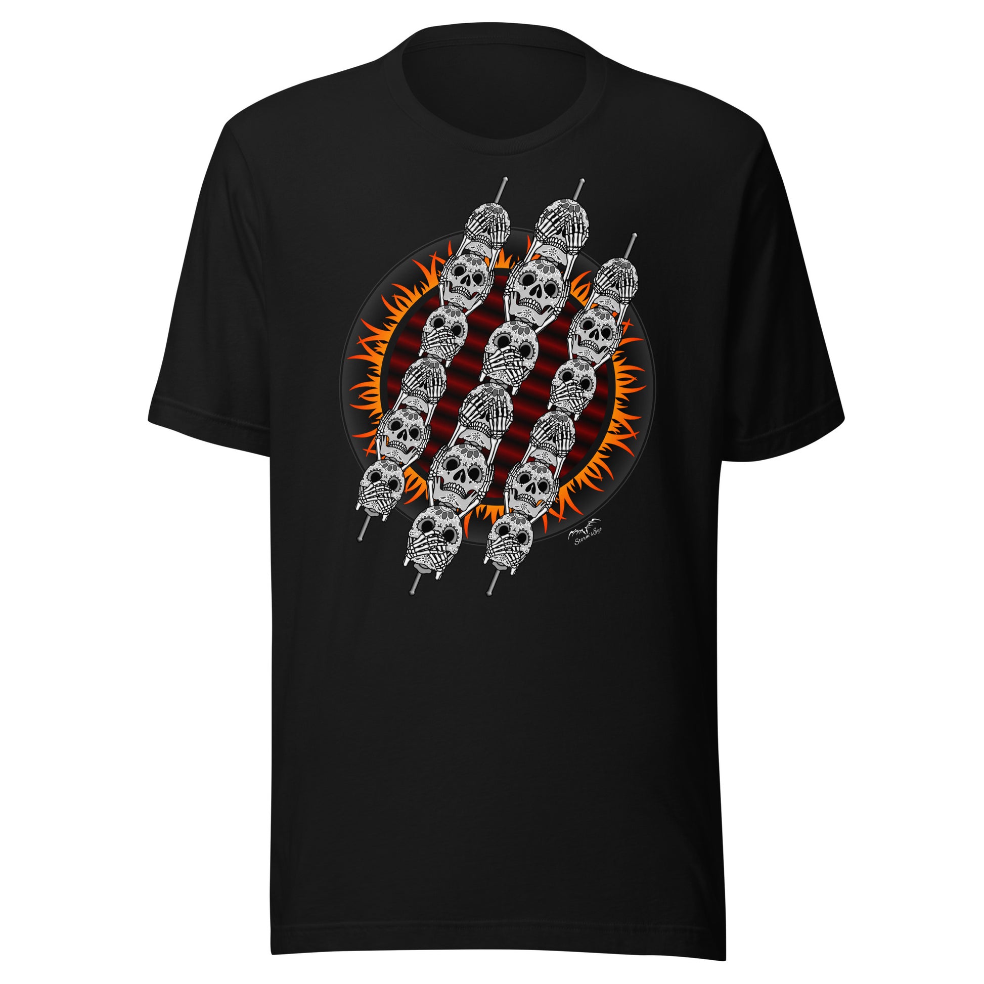 stormseye design skewer skulls gothic BBQ T shirt, modelled view black