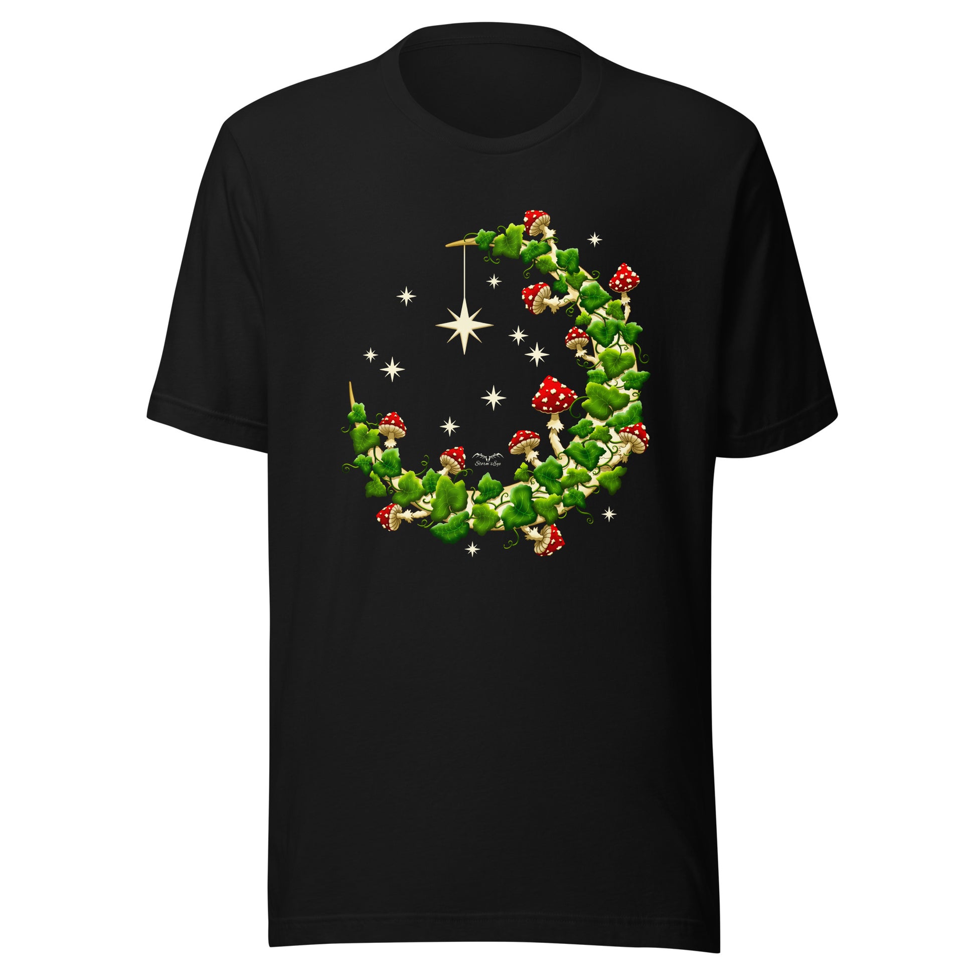 stormseye design mushroom moon witchy cottagecore T shirt, colour, flat view black