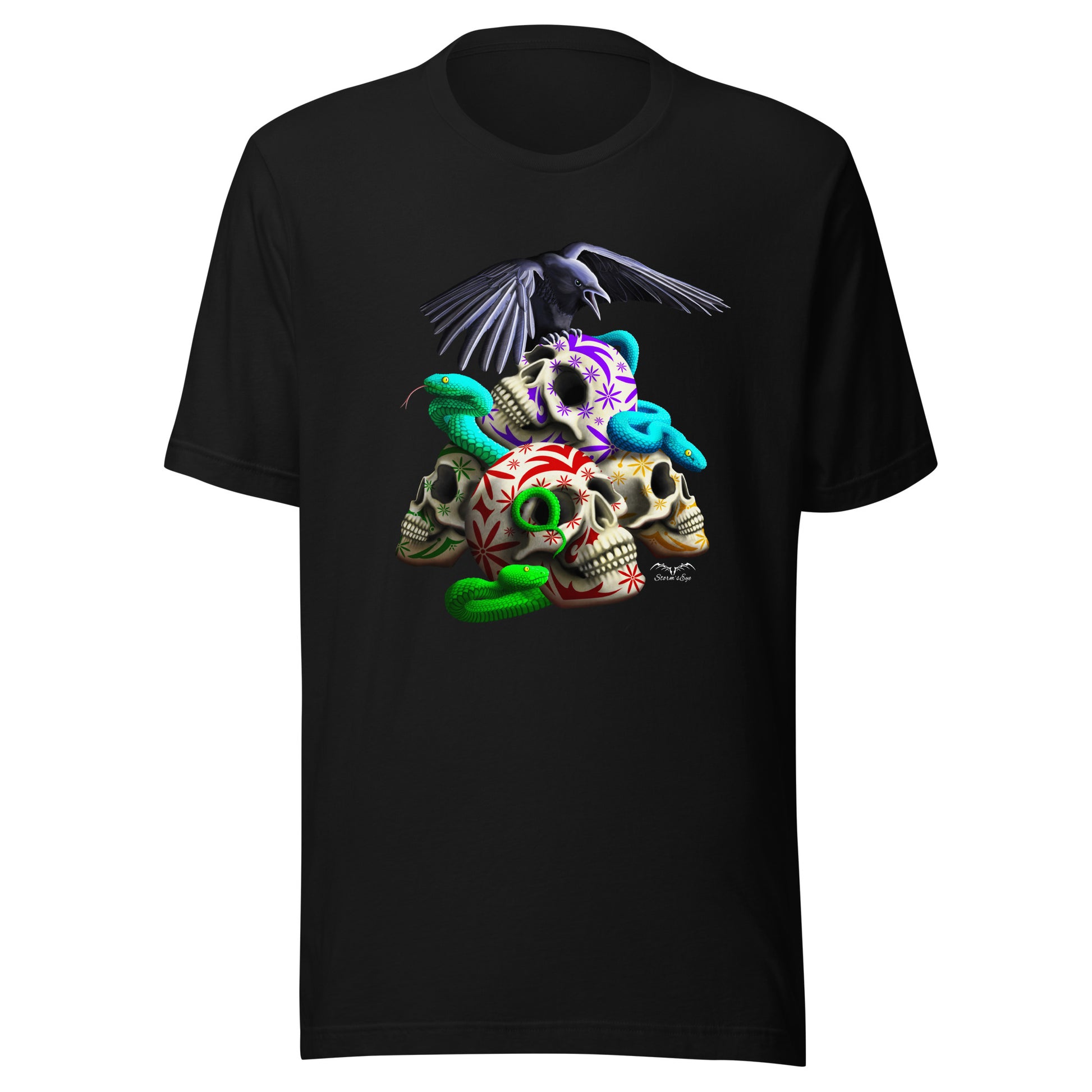stormseye design gothic sugar skulls and snakes T shirt flat view black