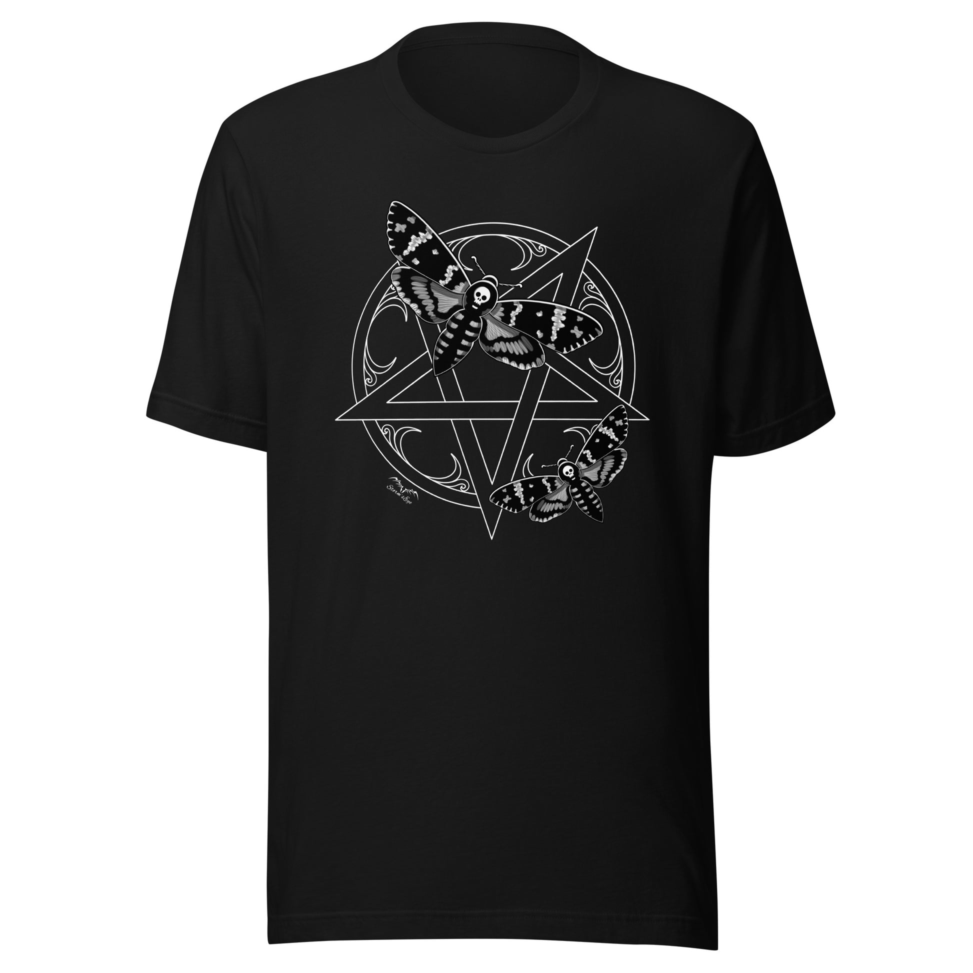 stormseye design deaths head moths pentagram T shirt flat view black