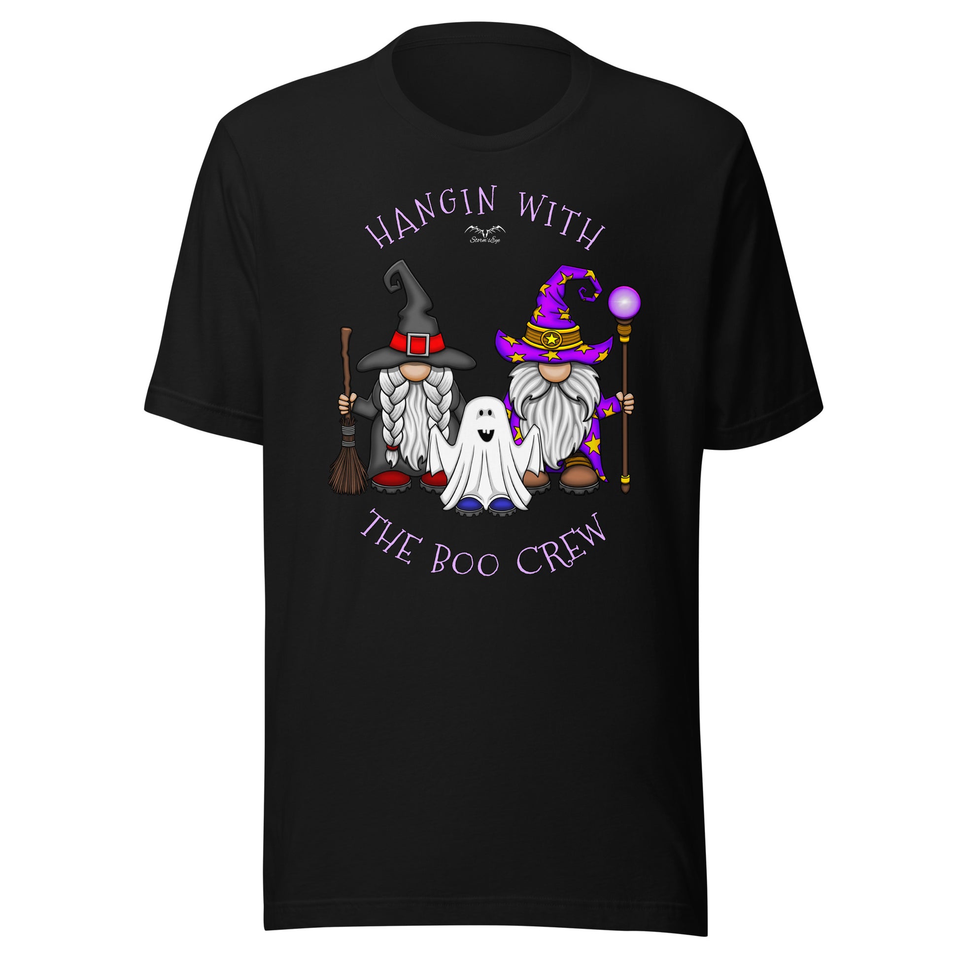 stormseye design boo crew halloween gnomes T shirt flat view black