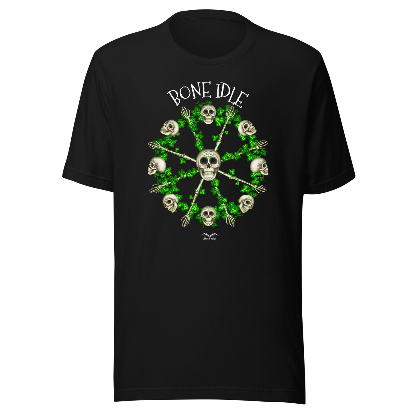 stormseye design bone idle sugar skulls T shirt flat view black