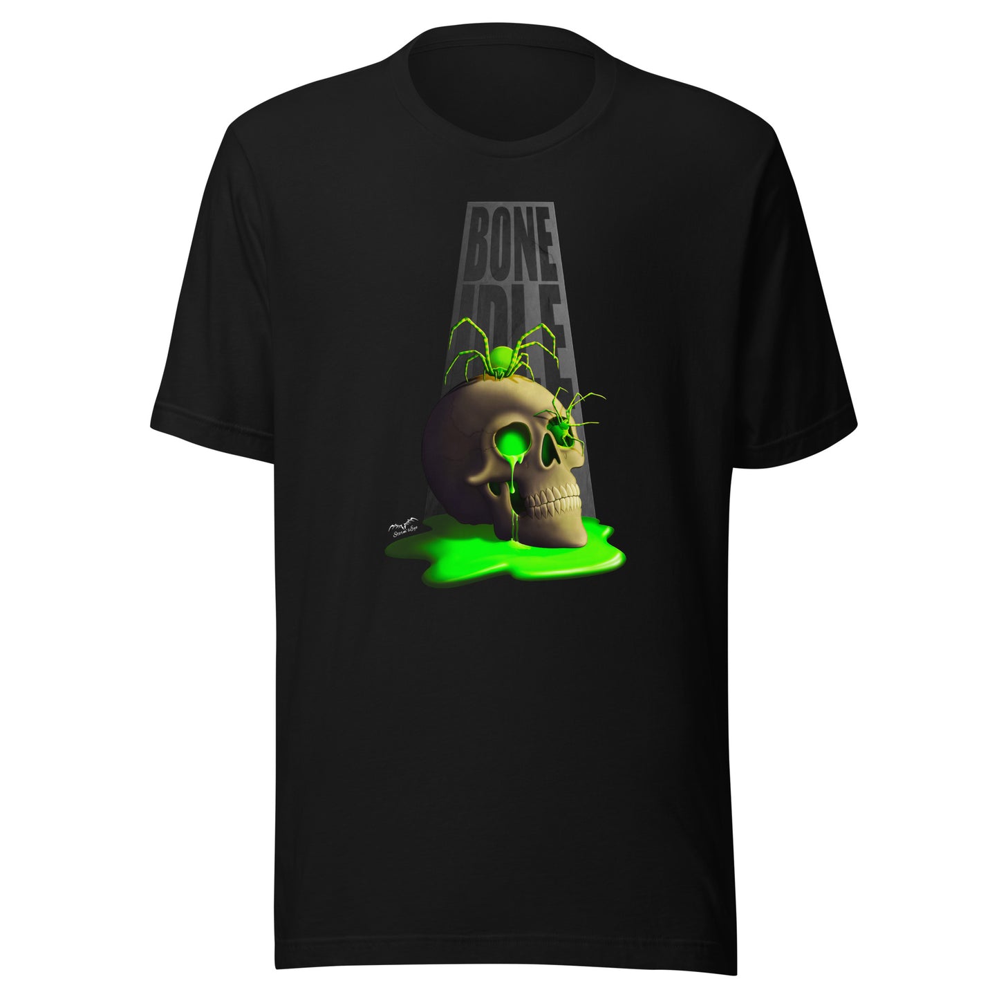 stormseye design bone idle skull and spiders T shirt flat view black